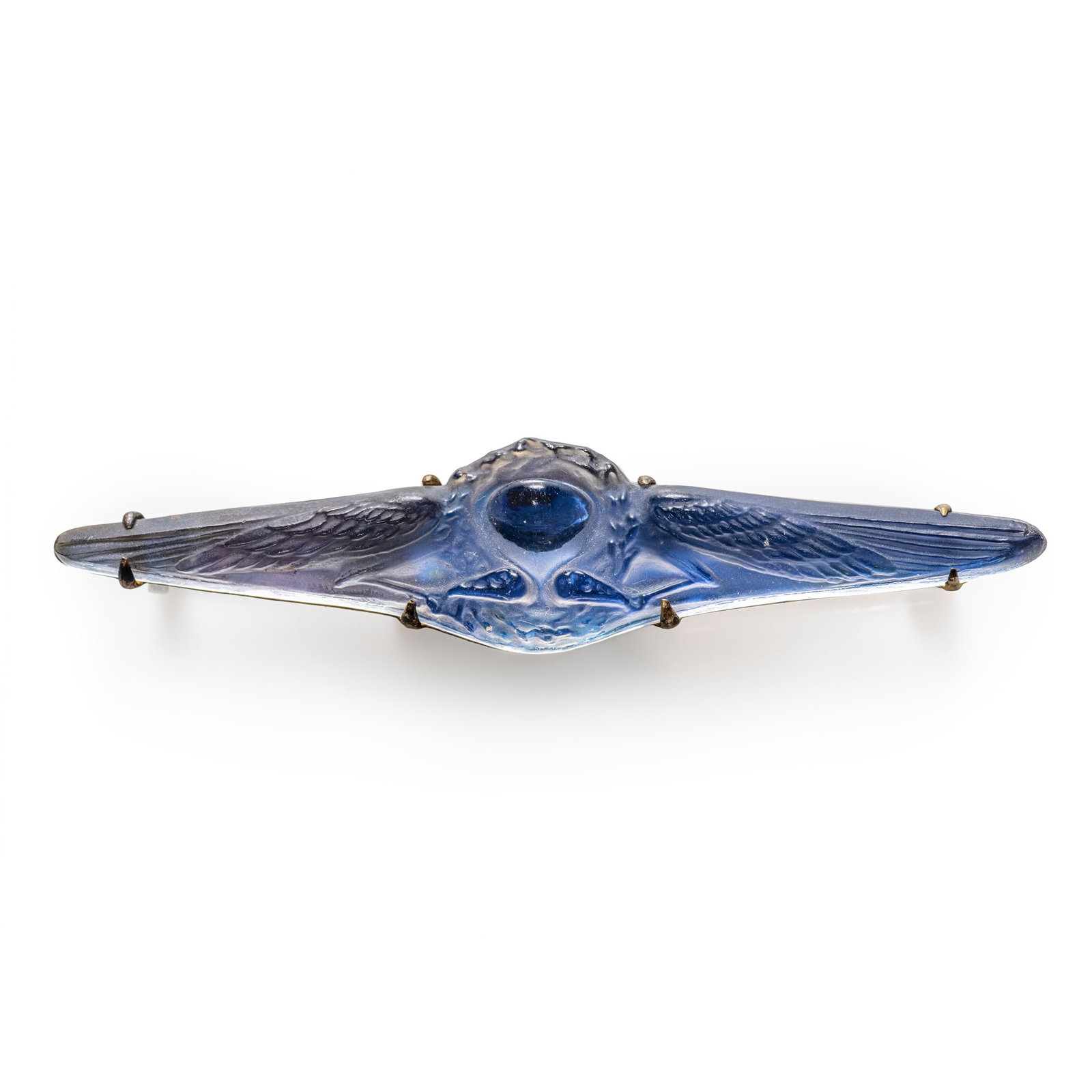 RENE LALIQUE (FRENCH 1860-1945) DEUX AIGLES BROOCH, NO. 1393: René Lalique DEUX AIGLES BROOCH, NO. 1393 designed 1911clear and frosted, blue foiled-back, gilt mountstamped LALIQUE FRANCE, RL with Cross 9.5cm (3 3/4in) long