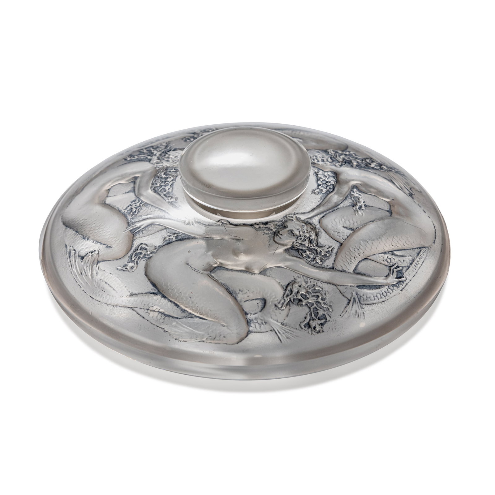 RENE LALIQUE (FRENCH 1860-1945) QUATRE SIRENES INKWELL, NO. 434: René Lalique QUATRE SIRÈNES INKWELL, NO. 434 designed 1920clear, frosted and blue stainedmoulded LALIQUE 16cm (6 3/8in) diameter