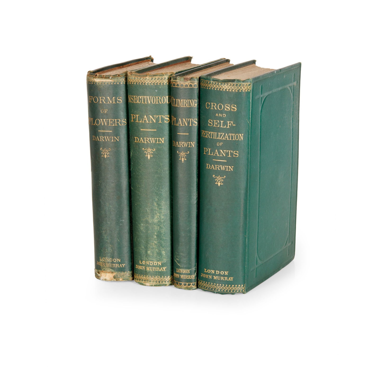 Darwin, Charles Four works: Four works The Different Forms of Flowers. London: John Murray, 1877. First edition, 8vo, ads dated March 1877 at rear, original green cloth gilt, some tears and pulling to spine, lacking front free-e