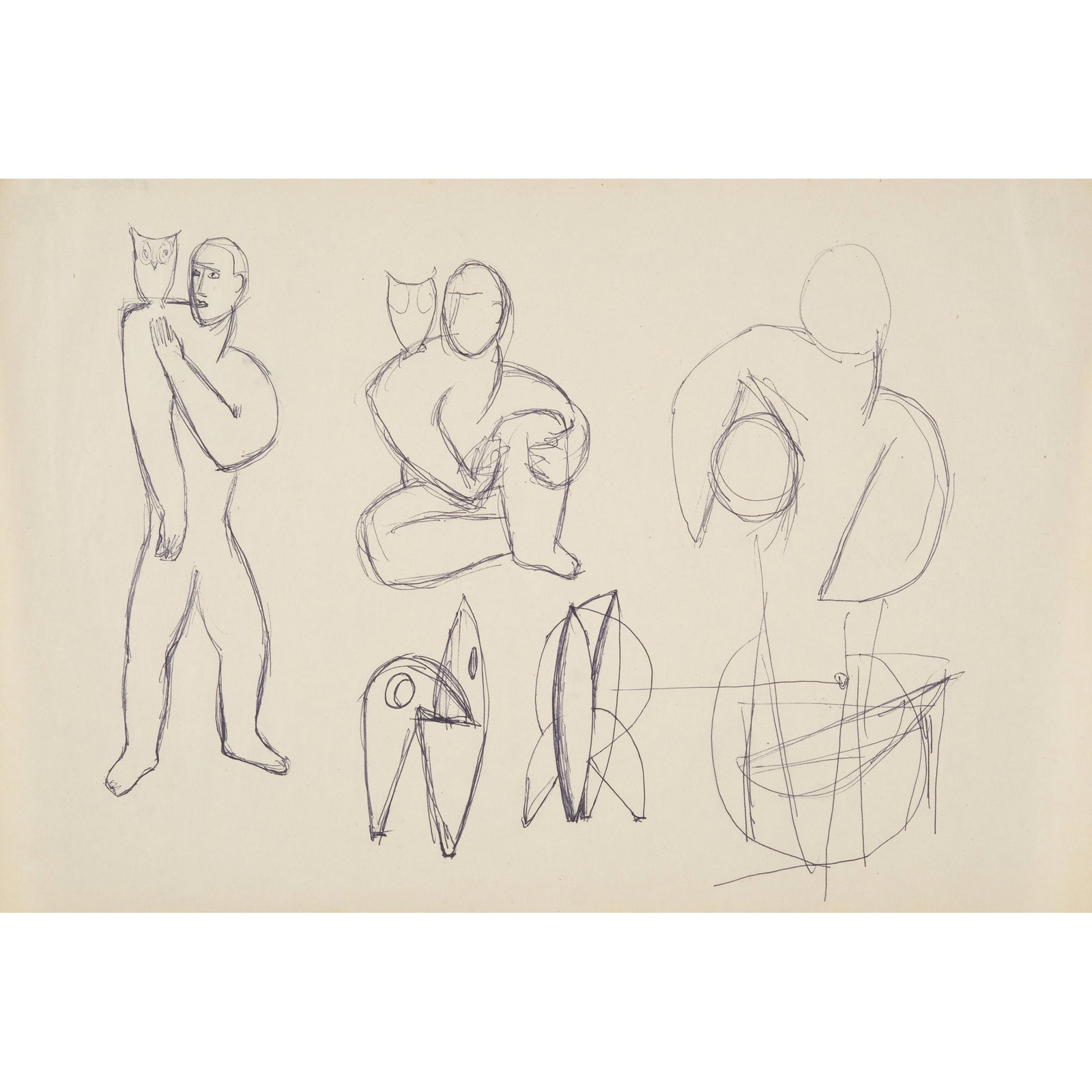 ROBERT ADAMS (BRITISH 1917-1984) STUDIES FOR 'BOY WITH OWL': Robert Adams STUDIES FOR 'BOY WITH OWL' Blue ball point pen 1917 30cm x 44.5cm (12in x 17.5in), unframed Gimpel Fils, London