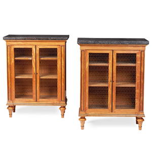 PAIR OF REGENCY SATINWOOD AND EBONY MARBLE TOPPED SIDE CABINETS