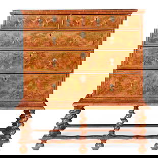 QUEEN ANNE WALNUT CHEST-ON-STAND: QUEEN ANNE WALNUT CHEST-ON-STAND EARLY 18TH CENTURY, THE STAND 19TH CENTURY the moulded cornice above two short and three long graduated drawers, on a moulded base with spiral supports joined by a