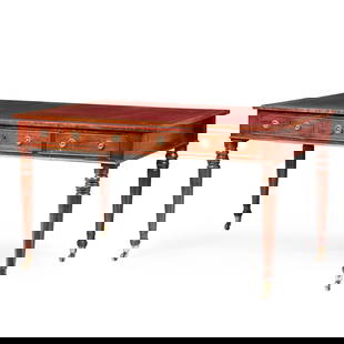 GEORGE IV MAHOGANY WRITING-TABLE: GEORGE IV MAHOGANY WRITING-TABLE EARLY 19TH CENTURY the rectangular top with a red leather writing surface above three short frieze drawers and the same on the reverse, raised on turned and tapered