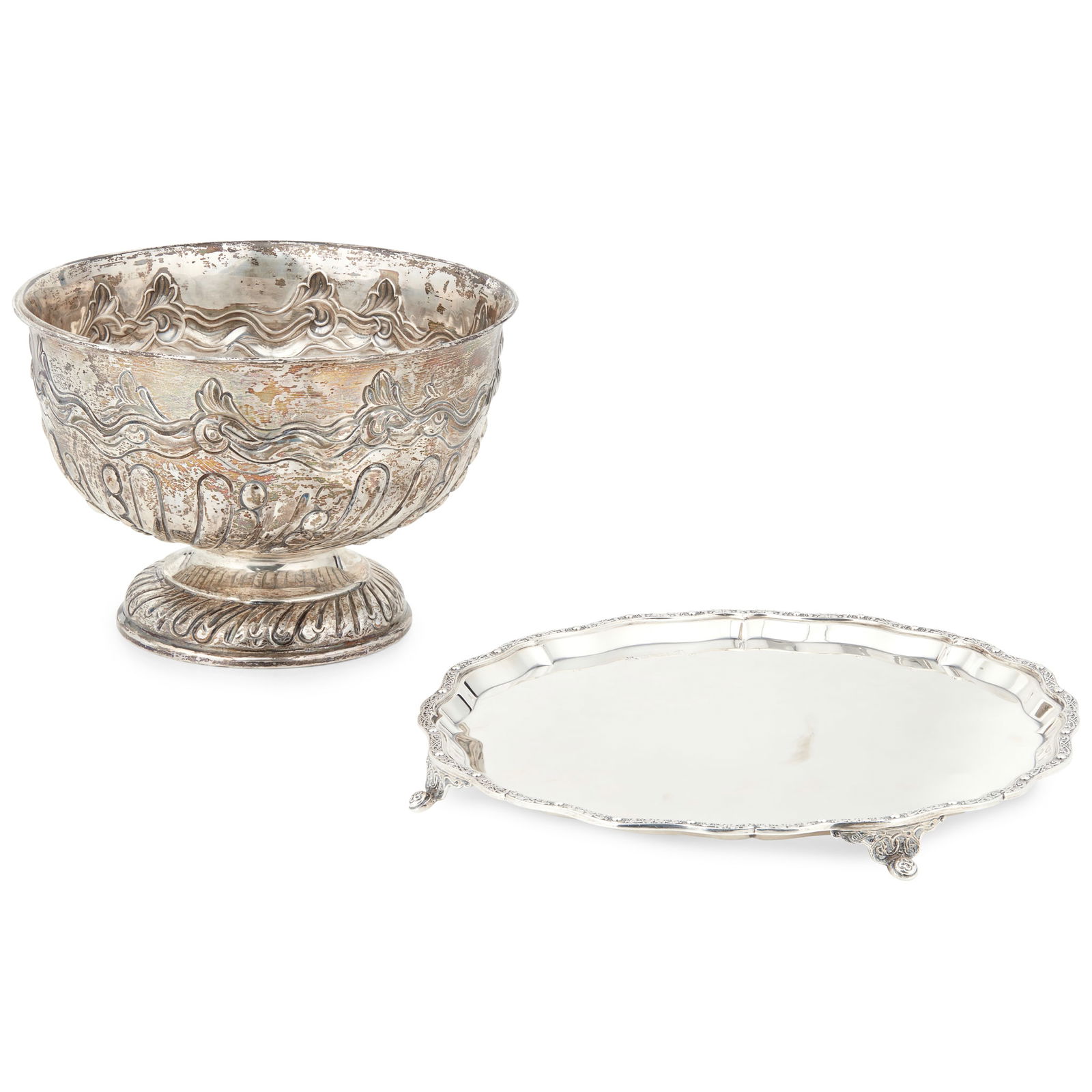 An Edwardian rose bowl: An Edwardian rose bowl Charles Stuart Harris, retailed by Whytock & Sons of Dundee, London 1901, of traditional sweeping fluted form, chased scroll border, raised on a fluted domed foot; together with