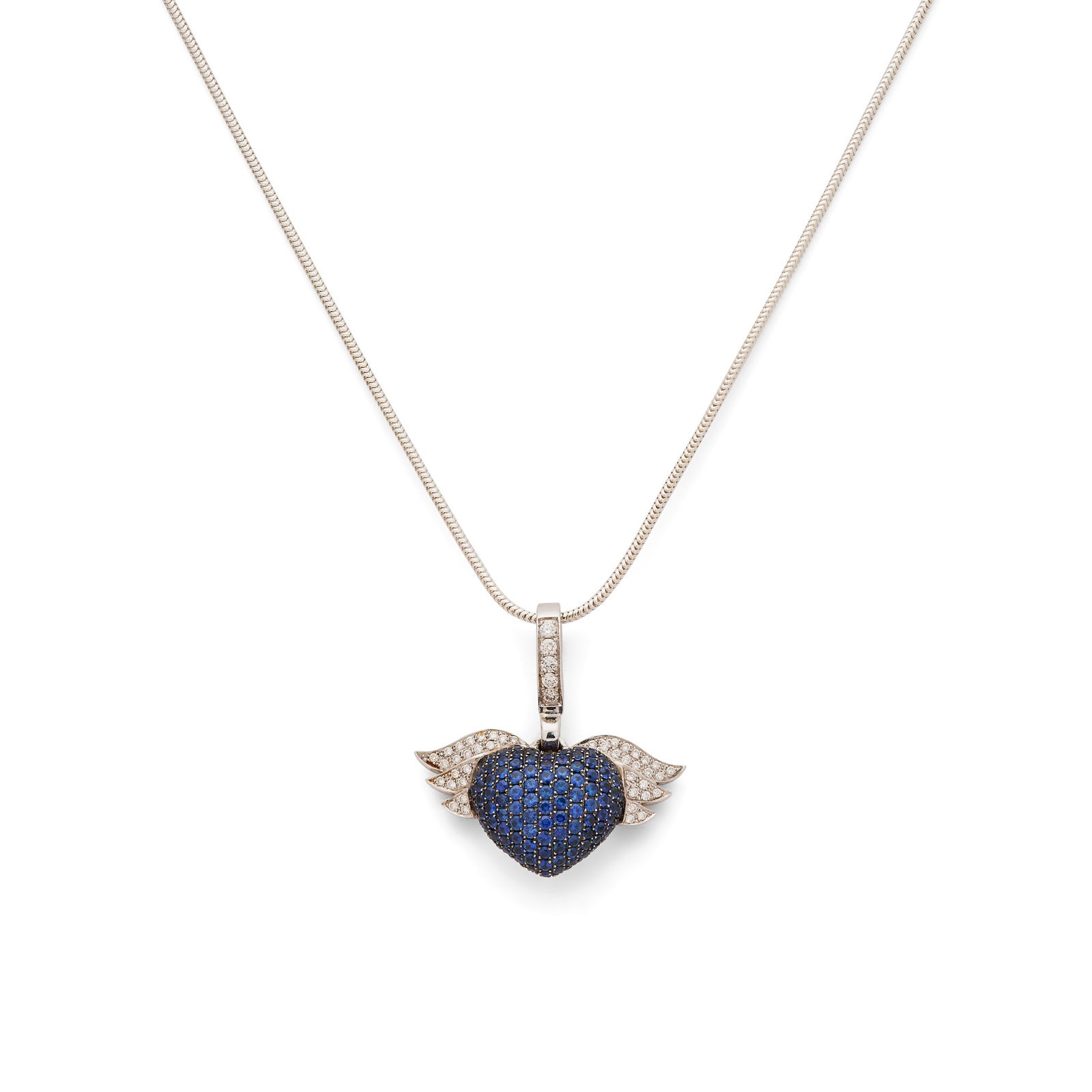 Theo Fennell: A sapphire and diamond 'Art' pendant: Theo Fennell: A sapphire and diamond 'Art' pendant Modelled as a winged heart pavé-set with round-cut sapphires and diamonds, signed, stamped 750; to an unassociated snake link chain Length of pe