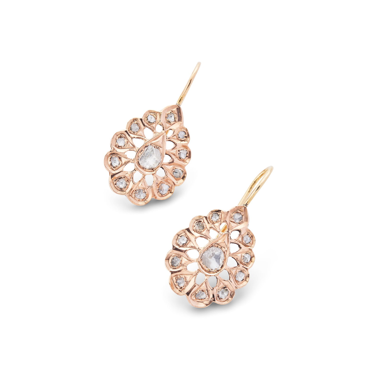 A pair of diamond earrings: A pair of diamond earrings Each drop shaped pendant set throughout with rose-cut diamonds, hook fittings, indistinct control marks Length: 3cm