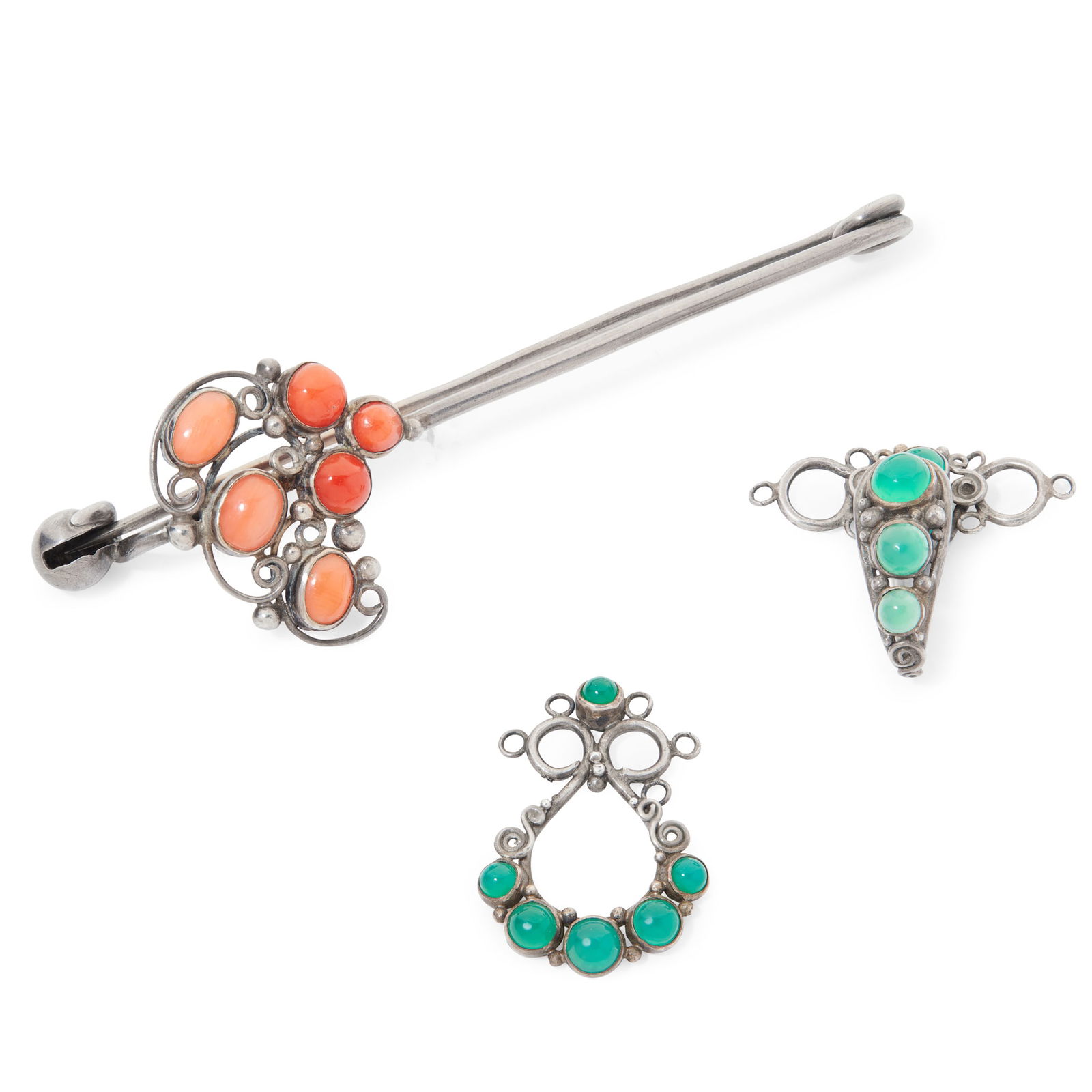 Attributed to Dorrie Nossiter: A coral pin and chalcedony clasp: Attributed to Dorrie Nossiter: A coral pin and chalcedony clasp Of scrolling design set with cabochon corals, unmarked; together with a hook clasp set with cabochon chalcedony, unmarked (2) Length: 7.