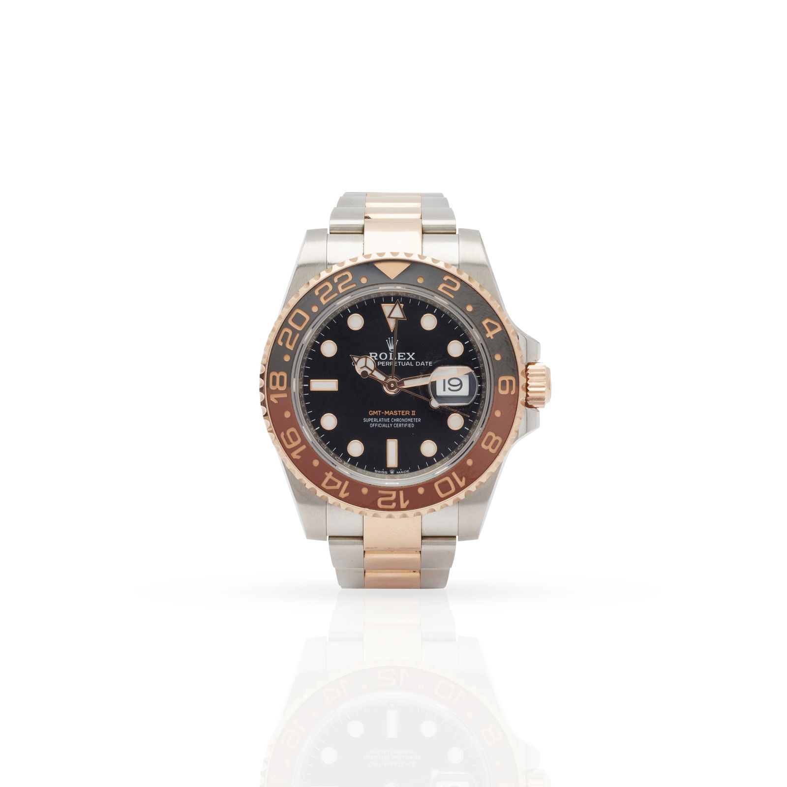 Rolex. A fine stainless steel and pink gold automatic dual-time wristwatch: Rolex. A fine stainless steel and pink gold automatic dual-time wristwatch GMT Master II Ref.126711CHNR, Serial 11W998J9, 'ROOT BEER' Made circa 2019 Cal. 3285 self-winding movement with 70 hour power