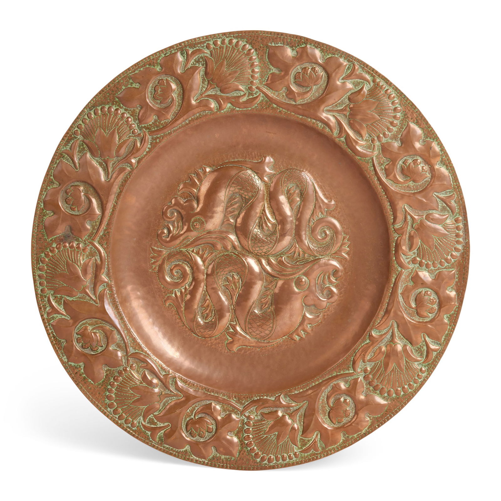 JOHN PEARSON (1859-1930): JOHN PEARSON (1859-1930) ARTS & CRAFTS CHARGER, 1893 repoussé-decorated copper, signed verso J. PEARSON 1893 51.4cm diameter