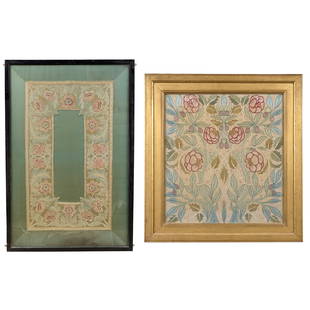 MAY MORRIS (1862-1938) FOR MORRIS & CO.: MAY MORRIS (1862-1938) FOR MORRIS & CO. 'POPPY', ARTS & CRAFTS EMBROIDERED BORDER, CIRCA 1890 coloured silk threads, reserved on a silk ground, framed, 52cm x 91cm (frame size 78cm x 118cm);