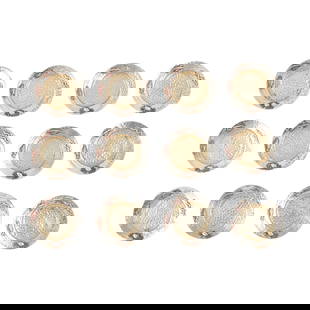 WHITING MANUFACTURING COMPANY: WHITING MANUFACTURING COMPANY SET OF TWELVE BUTTER DISHES, CIRCA 1900 sterling silver with mixed metal details of crab and fishes, stamped maker's mark STERLING/ 19A (12) 7.5cm diameter
