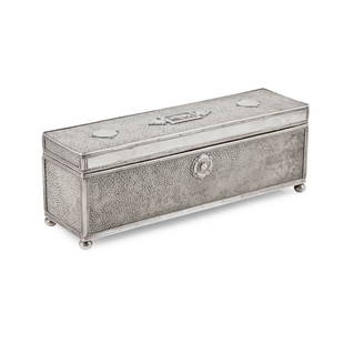 JOHN PAUL COOPER (1869-1933): JOHN PAUL COOPER (1869-1933) ARTS & CRAFTS CASKET, CIRCA 1907 silver metal and shagreen, wood-lined interior, stamped to each hinge JPC 27.5cm wide, 9.5cm high, 7.5cm deep