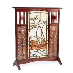 SHAPLAND & PETTER, BARNSTAPLE: SHAPLAND & PETTER, BARNSTAPLE ART NOUVEAU FIRESCREEN, CIRCA 1900 stained glass, mahogany and repoussé copper, stamped to the base 894 92 76cm wide, 89cm high, 27cm deep