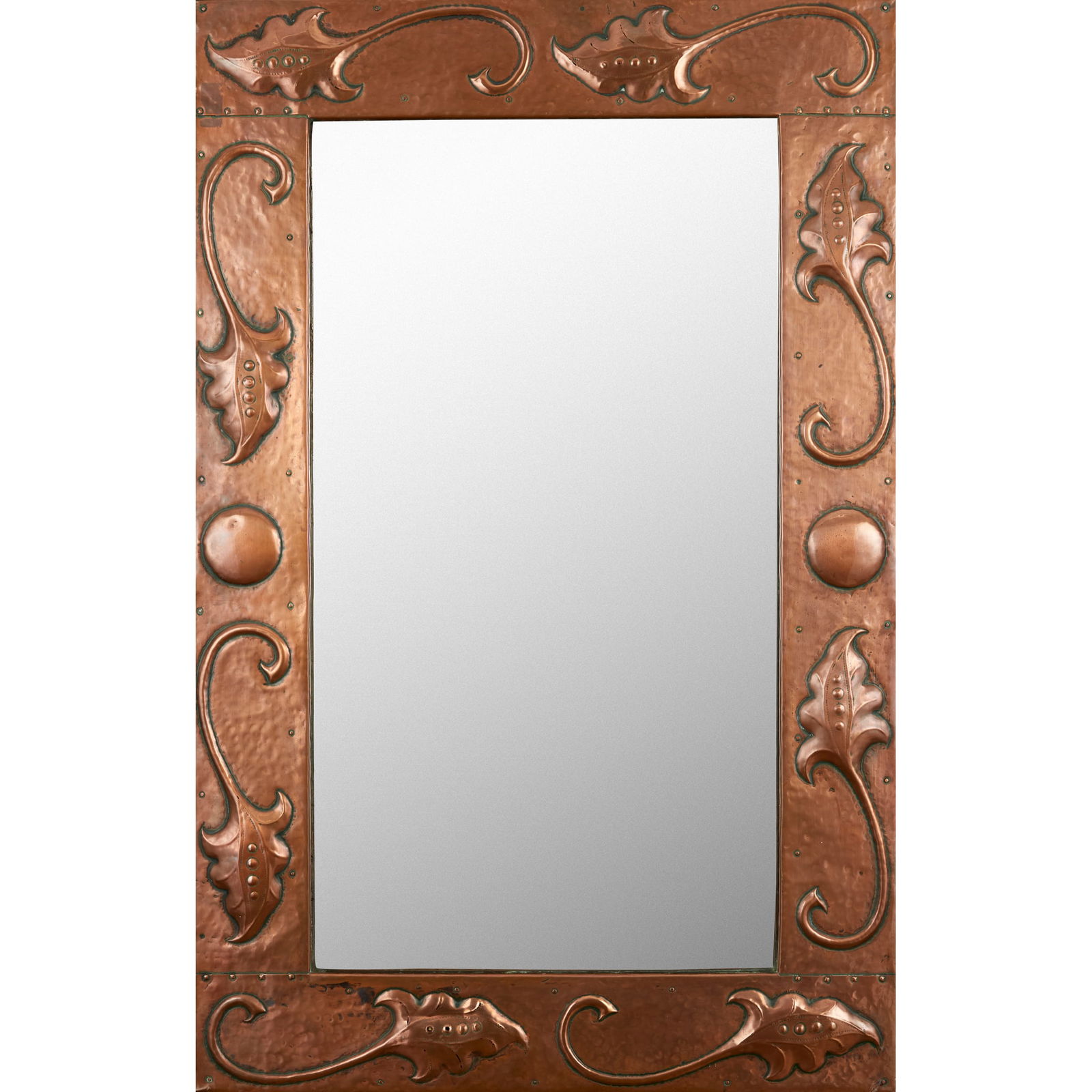 ATTRIBUTED TO JOHN PEARSON (1859-1930): ATTRIBUTED TO JOHN PEARSON (1859-1930) LARGE ARTS & CRAFTS MIRROR, CIRCA 1900 repoussé-decorated copper, mirrored plate 59.5cm x 94cm