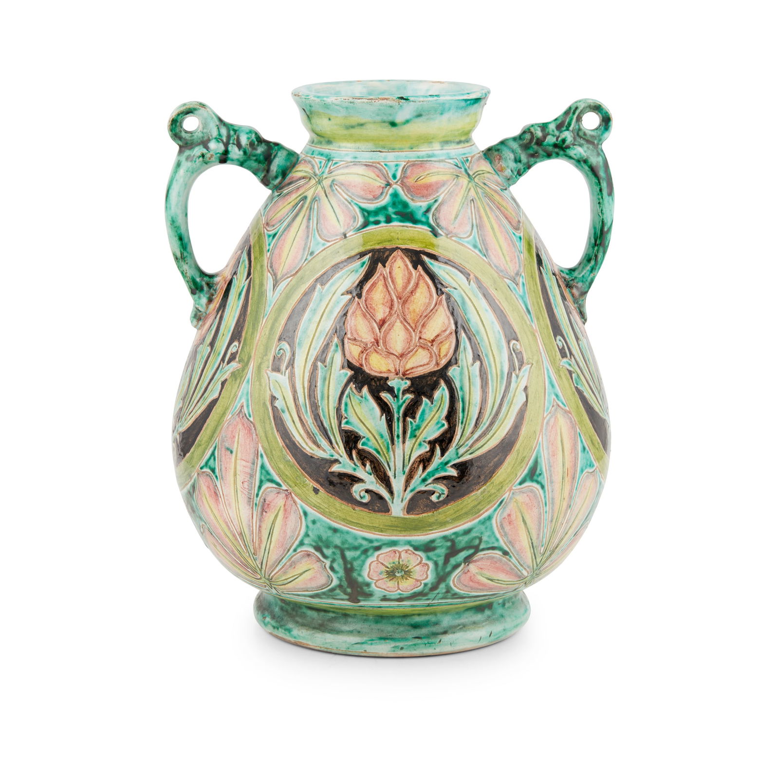 DELLA ROBBIA POTTERY, BIRKENHEAD: DELLA ROBBIA POTTERY, BIRKENHEAD ARTS & CRAFTS TWIN-HANDLED VASE, CIRCA 1900 incised and glazed terracotta, incised and painted artists marks for Charles Collis, John Fogo and possibly George Warhurst