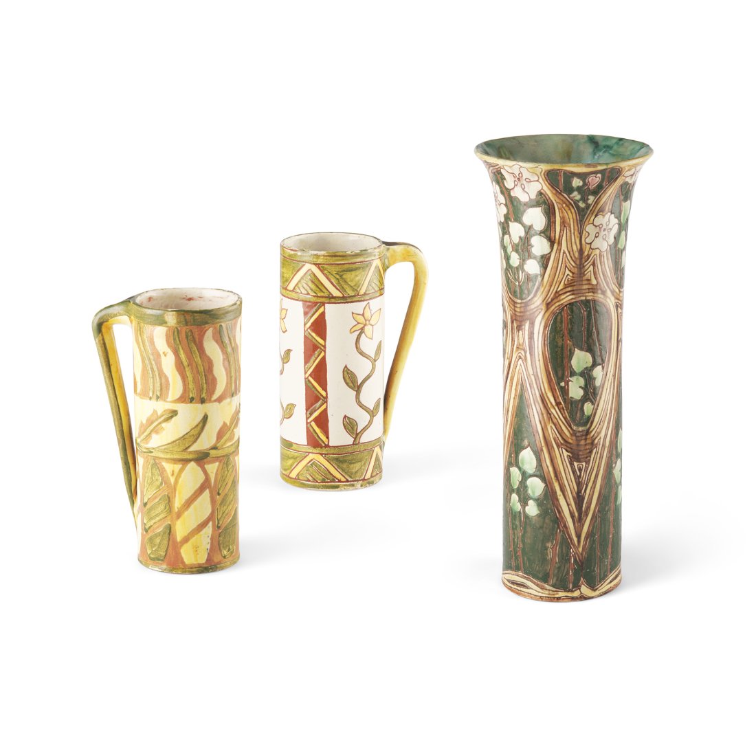 RUTH BARE (1880-1962) FOR DELLA ROBBIA POTTERY, BIRKENHEAD: RUTH BARE (1880-1962) FOR DELLA ROBBIA POTTERY, BIRKENHEAD VASE, 1899 glazed terracotta, incised maker's marks, incised artist's initials and date RB/ 1899, 40cm high; together with TWO MUGS, CIRCA 18
