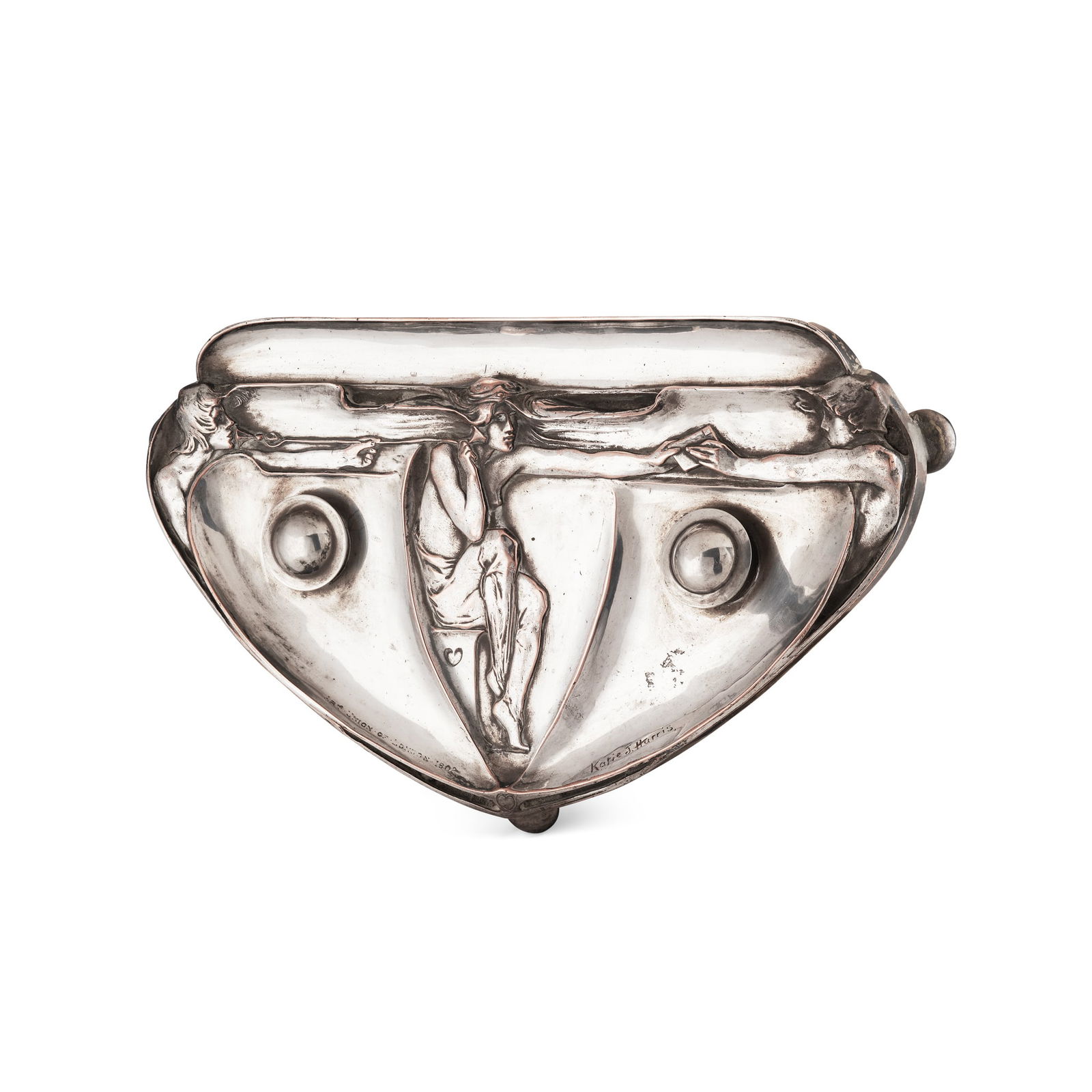 KATE HARRIS (BRITISH 1878-1949) FOR THE ART UNION OF LONDON: KATE HARRIS (BRITISH 1878-1949) FOR THE ART UNION OF LONDON INKSTAND, 1902 plated copper and brass, signed ART UNION OF LONDON 1902 and KATIE J HARRIS 34.5cm wide, 19.7cm deep