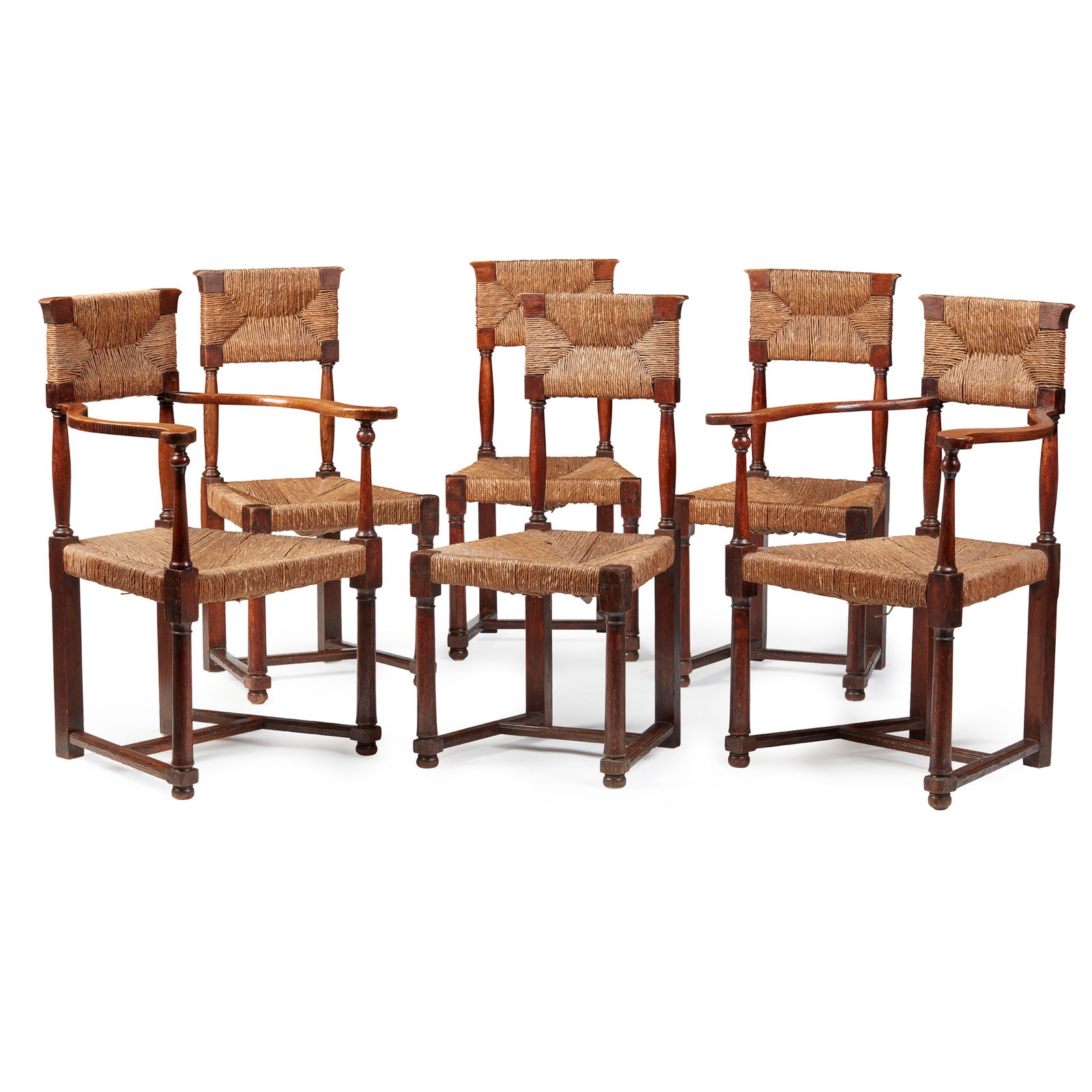 GEORGE WALTON (1867-1933): GEORGE WALTON (1867-1933) SET OF CHAIRS FOR JOHN ROWNTREES CAFE, SCARBOROUGH, CIRCA 1900 comprising two carvers and four side chairs, carver 62.5cm wide, 92cm high, 49cm deep, side chair 45.5cm wide,