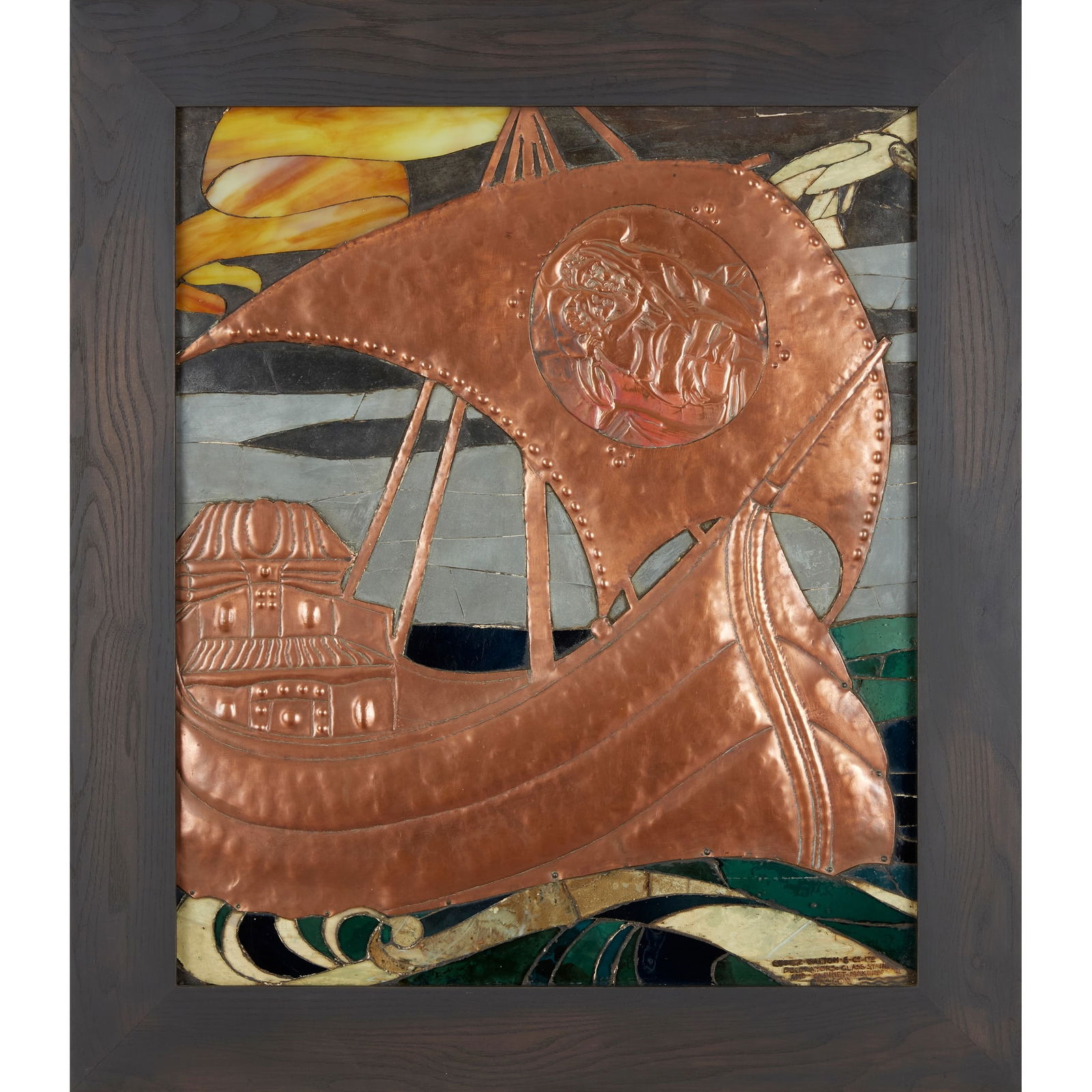 GEORGE WALTON (1867-1933): GEORGE WALTON (1867-1933) WALL PANEL, CIRCA 1890 repoussé-decorated copper, pewter, coloured glass, bears painted maker's mark lower right GEORGE WALTON & CO., LTD/ DECORATORS, GLASS STAINERS/ AN