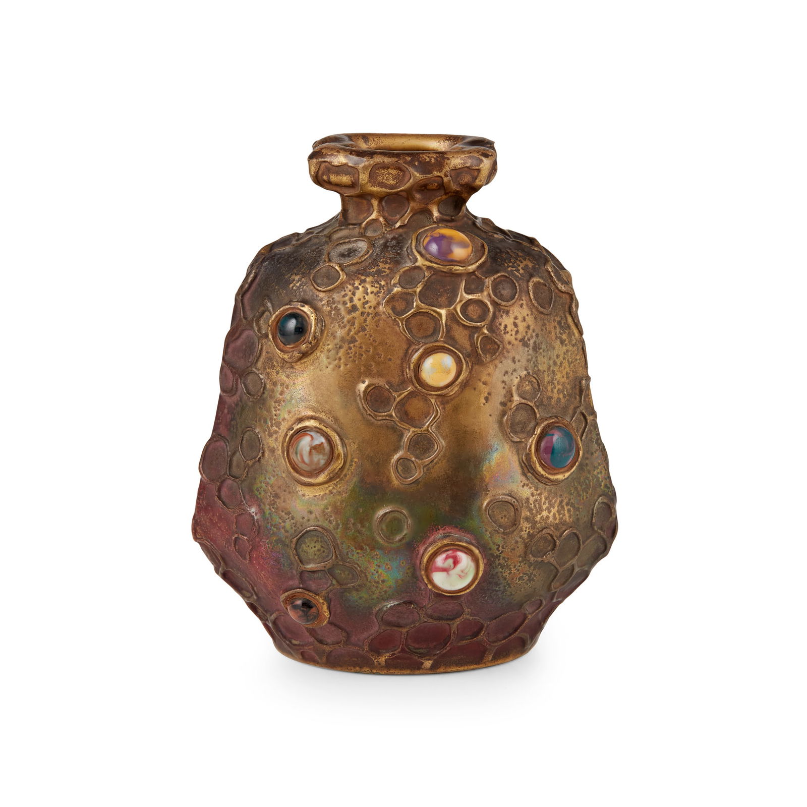 AMPHORA: AMPHORA ART NOUVEAU 'JEWELLED' VASE, CIRCA 1905 lustre-glazed earthenware, with inset coloured glass, impressed maker's mark AMPHORA/ AUSTRIA/ 3663 16cm high 
