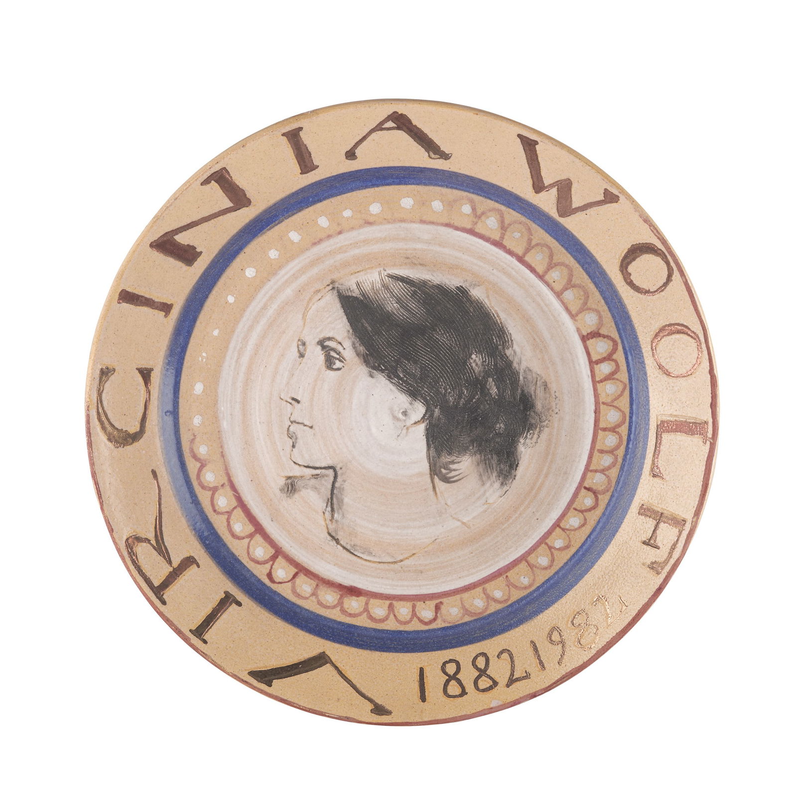 QUENTIN BELL (1910-1996) FOR FULHAM POTTERY: QUENTIN BELL (1910-1996) FOR FULHAM POTTERY VIRGINIA WOOLF COMMEMORATIVE PLATE, 1986 glazed earthenware, inscribed VIRGINIA WOOLF 1882-1982, incised makers marks FULHAM POTTERY QUENTIN BELL/X10/86 23c