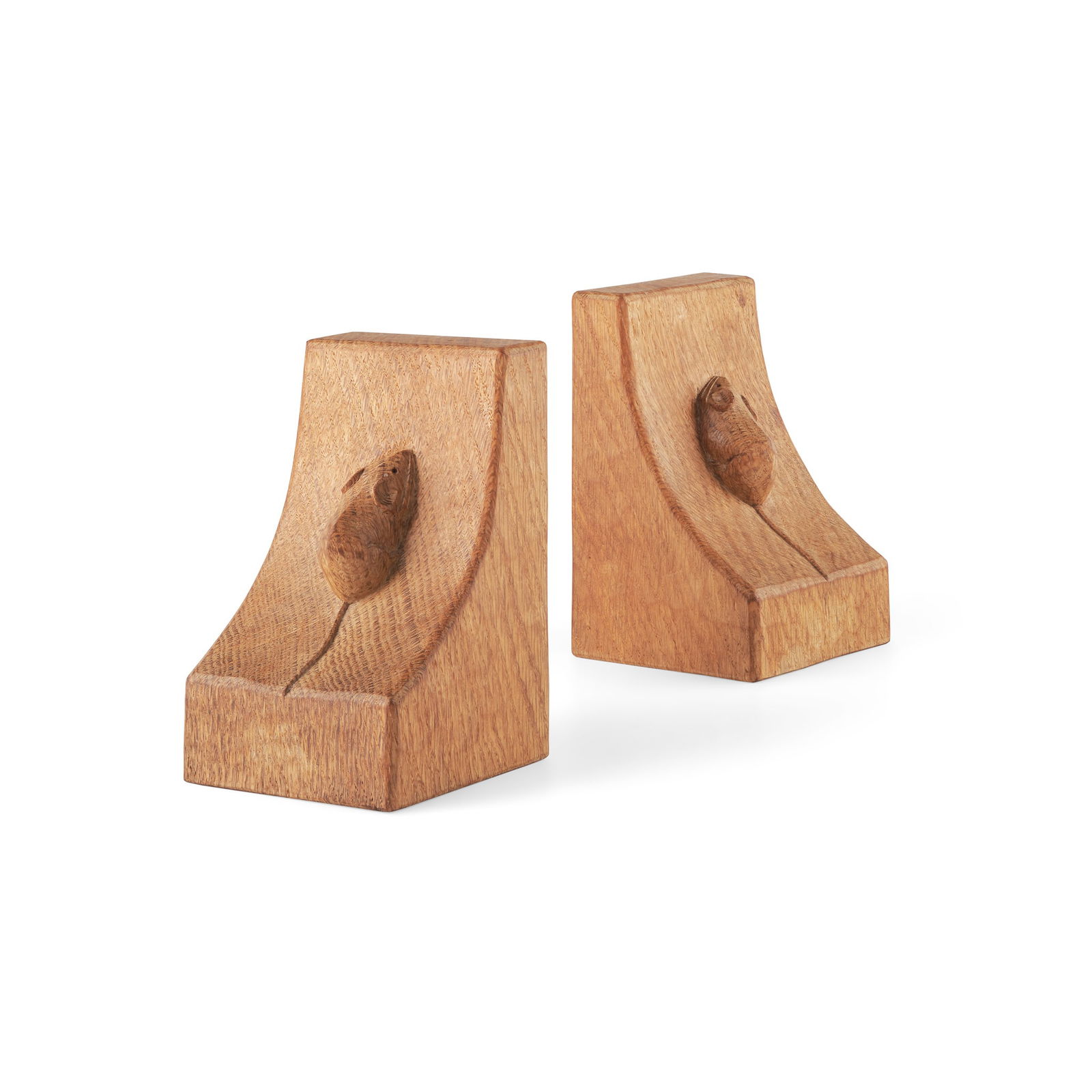 ROBERT 'MOUSEMAN' THOMPSON (1876-1955): ROBERT 'MOUSEMAN' THOMPSON (1876-1955) PAIR OF BOOKENDS, 1950's oak, each with carved mouse signature (2) 9.1cm wide, 15cm high, 9.1cm deep