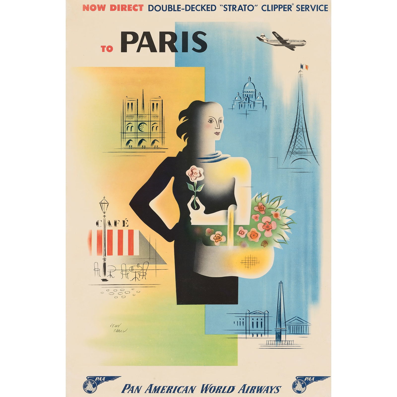 JEAN CARLU (1900-1997): JEAN CARLU (1900-1997) PARIS, PAN AMERICAN WORLD AIRWAYS offset lithographic poster, 1958, condition A-; backed on linen 40 x 26.5in (102 x 67cm.)