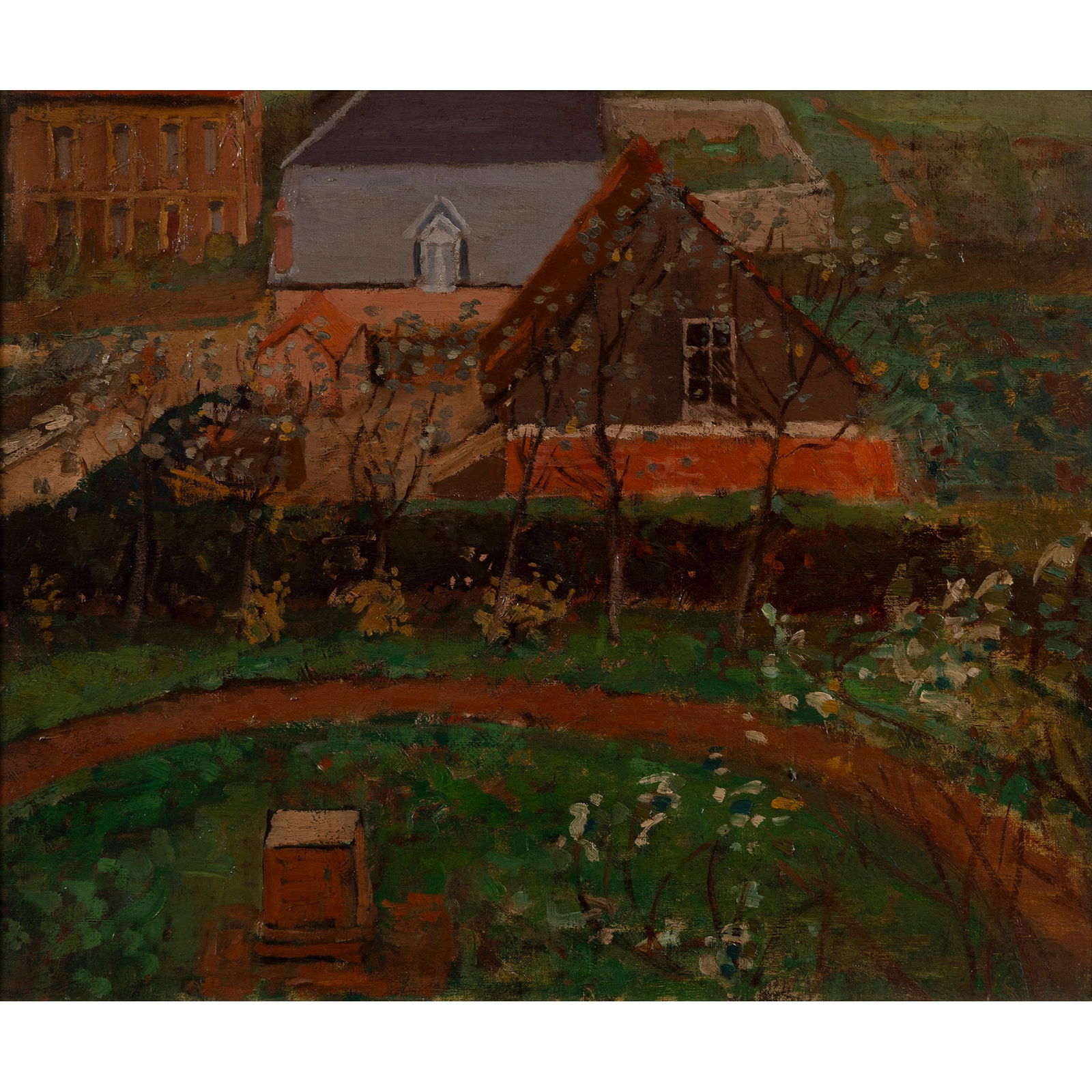 § SPENCER FREDERICK GORE (BRITISH 1878-1914): SPENCER FREDERICK GORE (BRITISH 1878-1914) BEEHIVE IN TOWN GARDEN oil on canvas 36.5cm x 46cm (14 3/8in x 18in) Roland, Browse & Delbanco, London;Dr David Brown, Nairobi. Exhibited:Southampton C