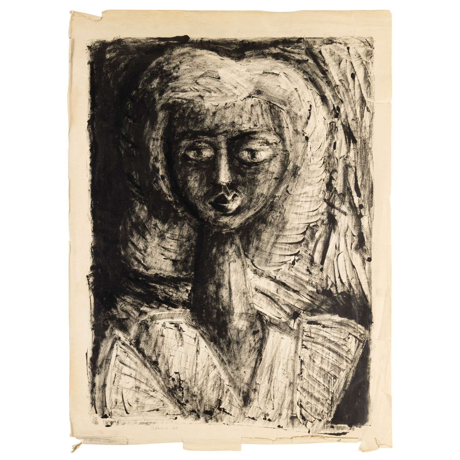 § ROBERT ADAMS (BRITISH 1917-1984): ROBERT ADAMS (BRITISH 1917-1984) PORTRAIT OF A WOMAN, 1949 signed and dated in pencil (lower left), monoprint on paper plate: 68cm x 49cm (26 3/4in x 19 1/4in); sheet: 75cm x 56cm (29 1/2in x 22