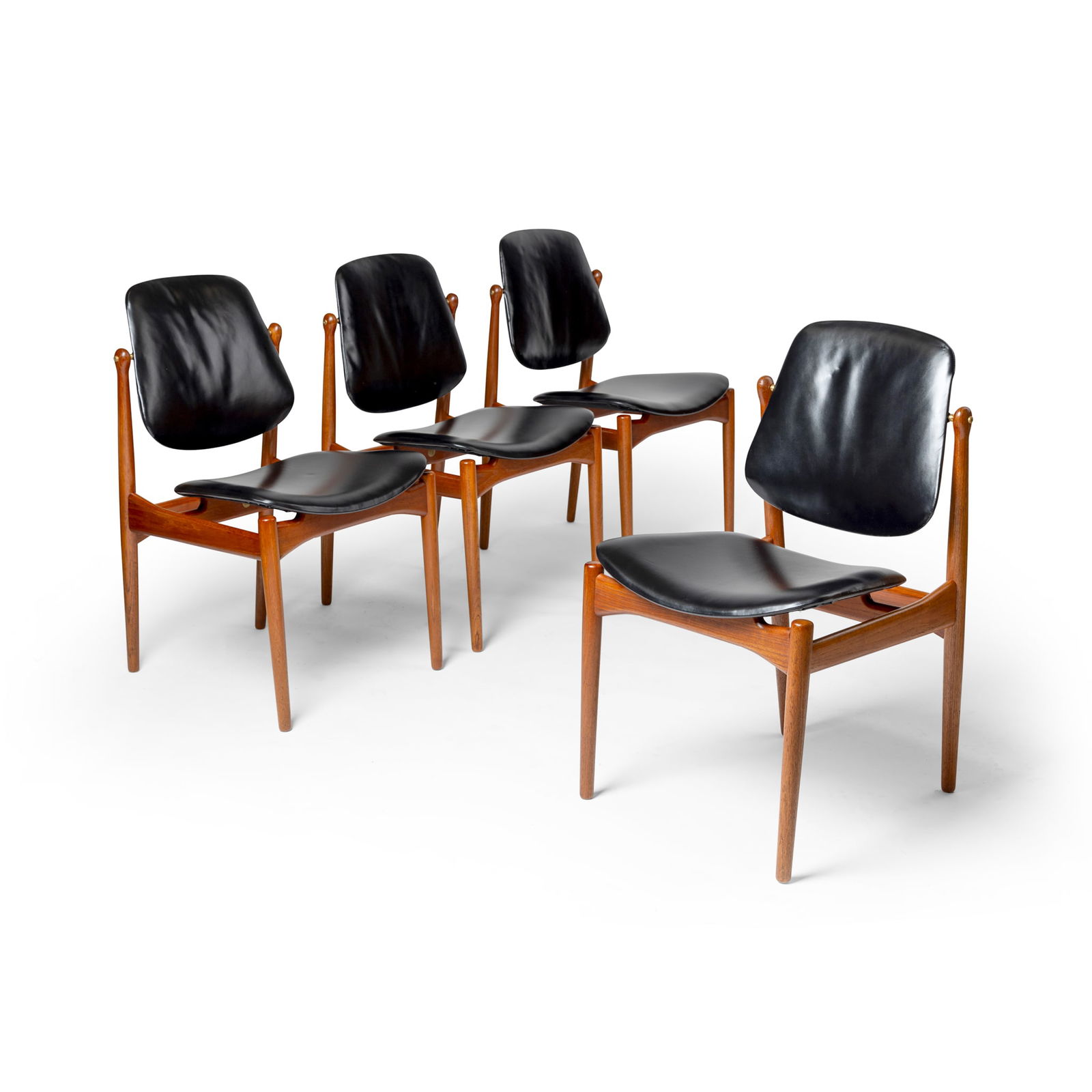 ARNE VODDER (DANISH 1926-2009) FOR FRANCE & SON: ARNE VODDER (DANISH 1926-2009) FOR FRANCE & SON SET OF FOUR DINING CHAIRS, 1957-60 model no. 203, each with applied manufacturer's labels, teak and leather upholstery 84cm high, 50cm wide, 54cm deep (