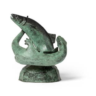 &#167; LAURENCE BRODERICK M.R.B.S. F.R.S.A. (BRITISH 1935-): LAURENCE BRODERICK M.R.B.S. F.R.S.A. (BRITISH 1935-) SALMON AND OTTER signed, titled, inscribed AC, with Pangolin Editions foundry mark, verdigris bronze, an artist's cast aside from the edition 18cm