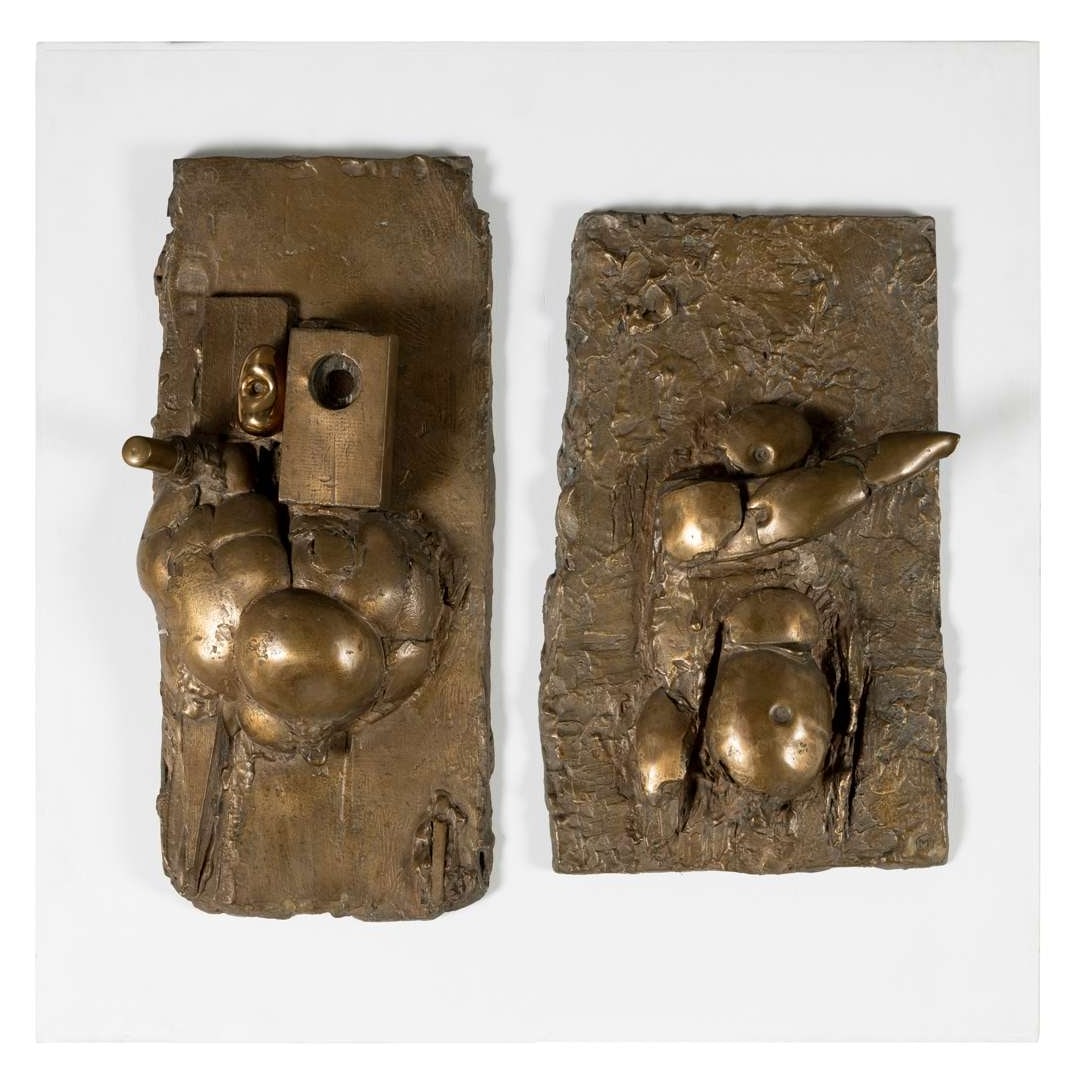 § BERNARD MEADOWS (BRITISH 1915-2005): BERNARD MEADOWS (BRITISH 1915-2005) TWO DIRECTOR RELIEFS, 1963 (OPUS 73) bronze, from the edition of 6 62cm x 36cm x 12cm (24 ¼in x 14 1/8in x 4 ¾in), 72cm x 35cm x 17cm (28 ¼in x 13 &#