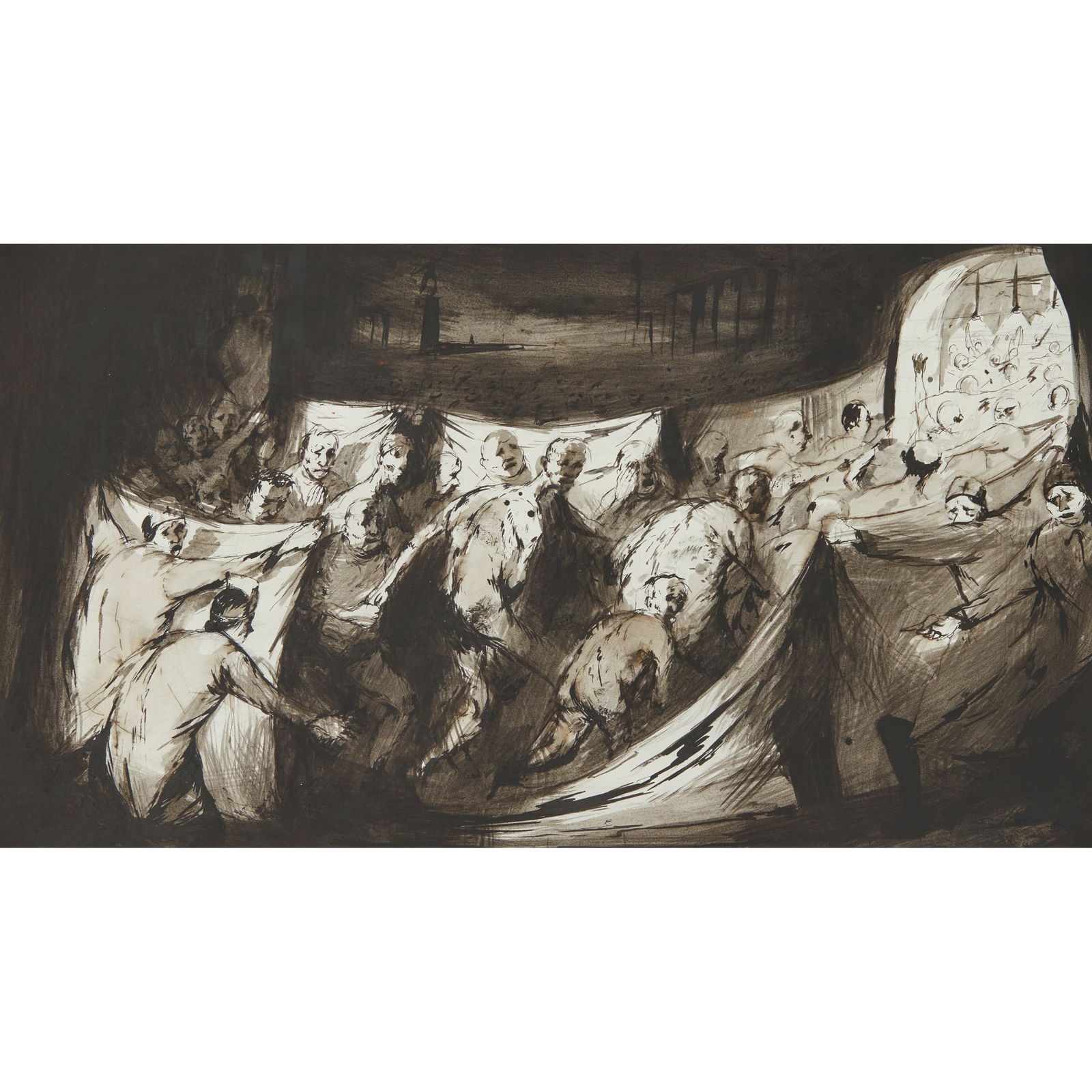 § KEN CURRIE (SCOTTISH 1960-): KEN CURRIE (SCOTTISH 1960-) STUDY FOR 'THE BATHERS' Ink and wash 30cm x 54cm (11.75in x 21.25in)