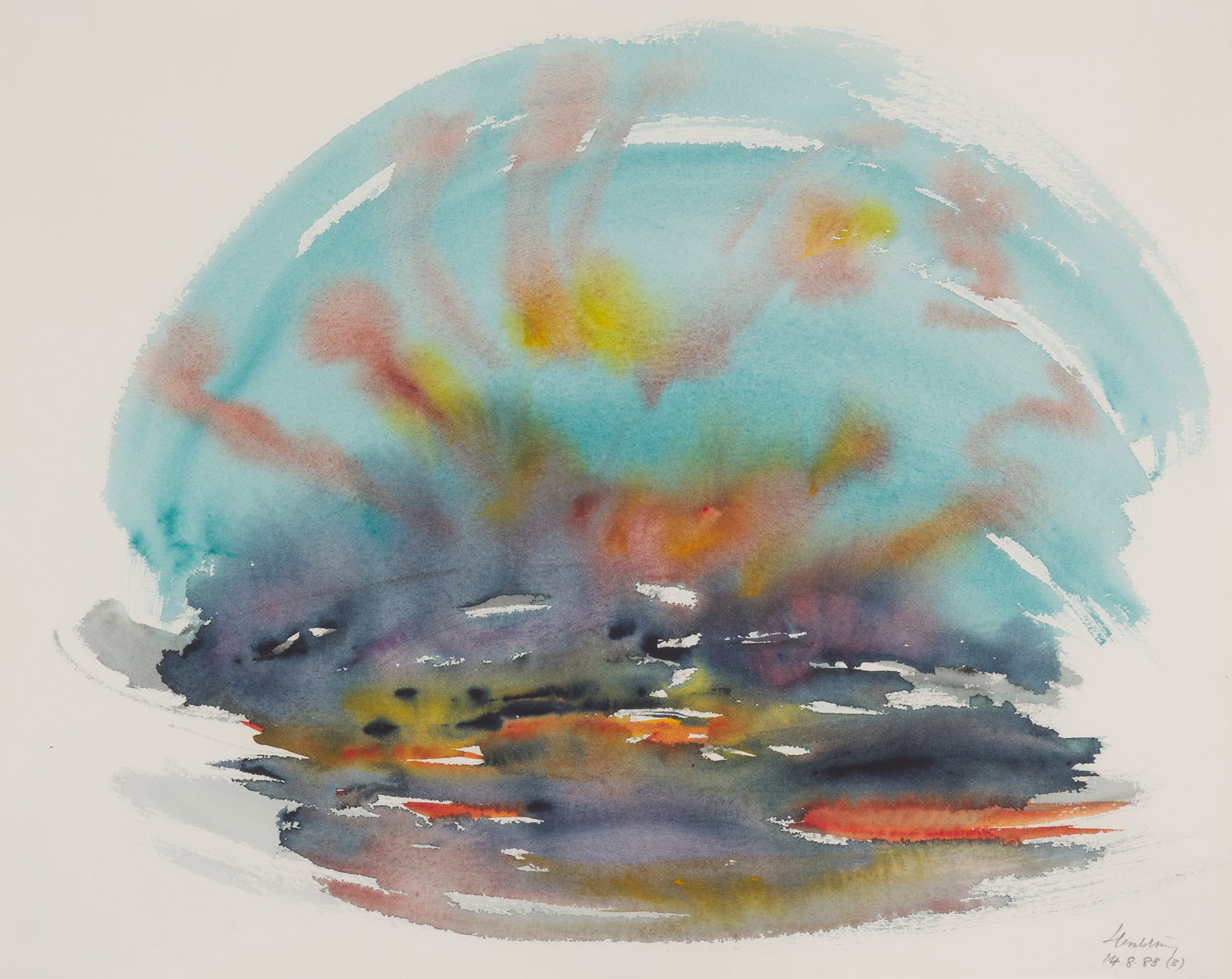 § MAGGI HAMBLING C.B.E. (BRITISH 1945-): MAGGI HAMBLING C.B.E. (BRITISH 1945-) SUNRISE, HADLEIGH, SUFFOLK, 14.8.88 (3) Signed lower right and dated ‘14.8.88 (3)’, watercolour 48.5cm x 60.5cm (19in x 23.75in)