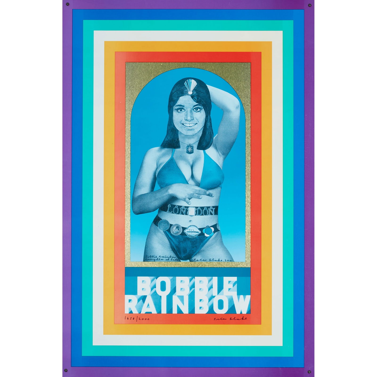 ‡§ SIR PETER BLAKE C.B.E., R.A. (BRITISH 1932-): SIR PETER BLAKE C.B.E., R.A. (BRITISH 1932-) BOBBIE RAINBOW - 2001 Lithograph on tin, 1658/2000, signed and numbered in ink 65.5cm x 44cm (25.75in x 17.25in)