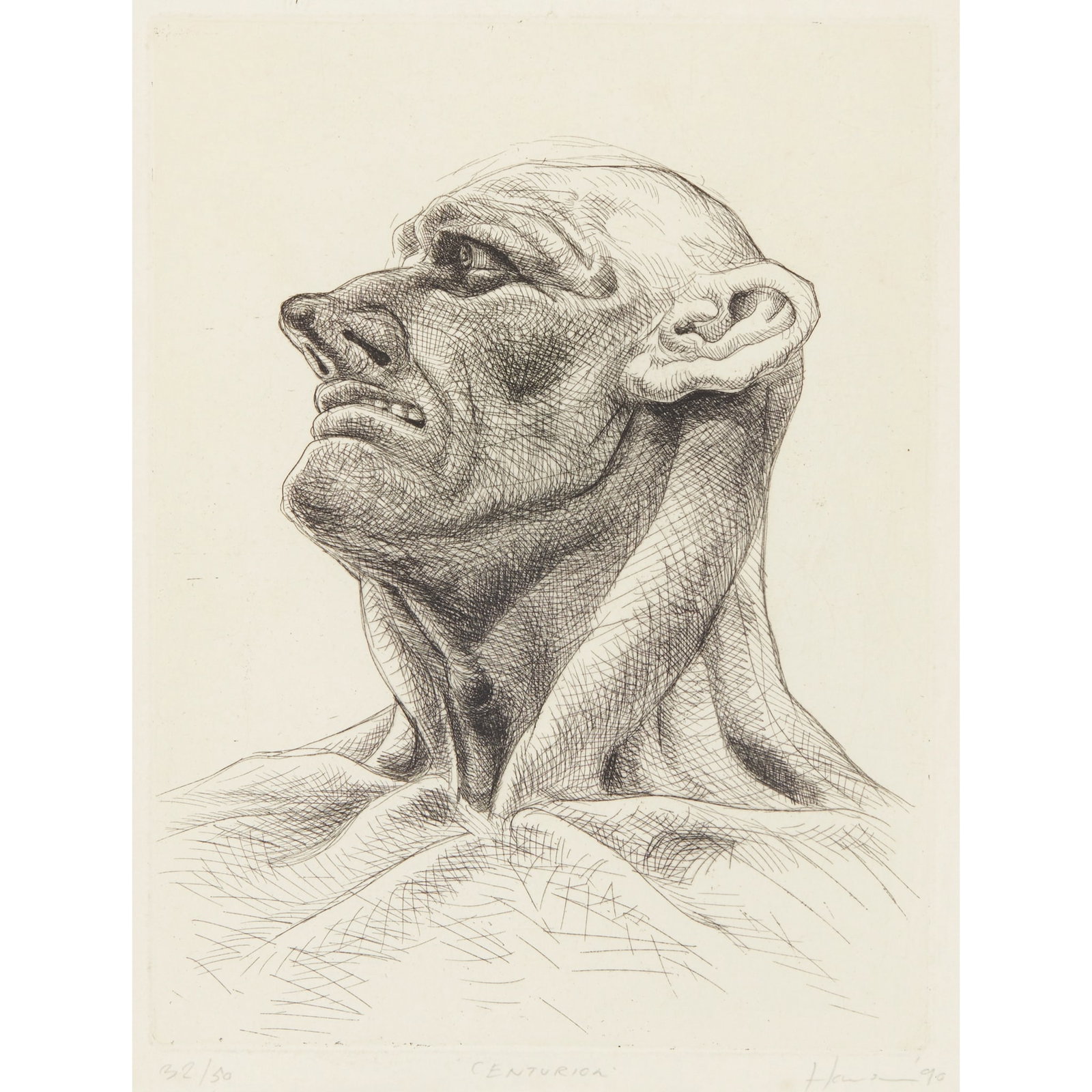 § PETER HOWSON O.B.E. (SCOTTISH 1958-): PETER HOWSON O.B.E. (SCOTTISH 1958-) CENTURION - 1990 Etching, 32/50, signed, dated, titled and numbered in pencil to margin the image 30cm x 22.5cm (12in x 8.75in) Flowers East, London, where purchas
