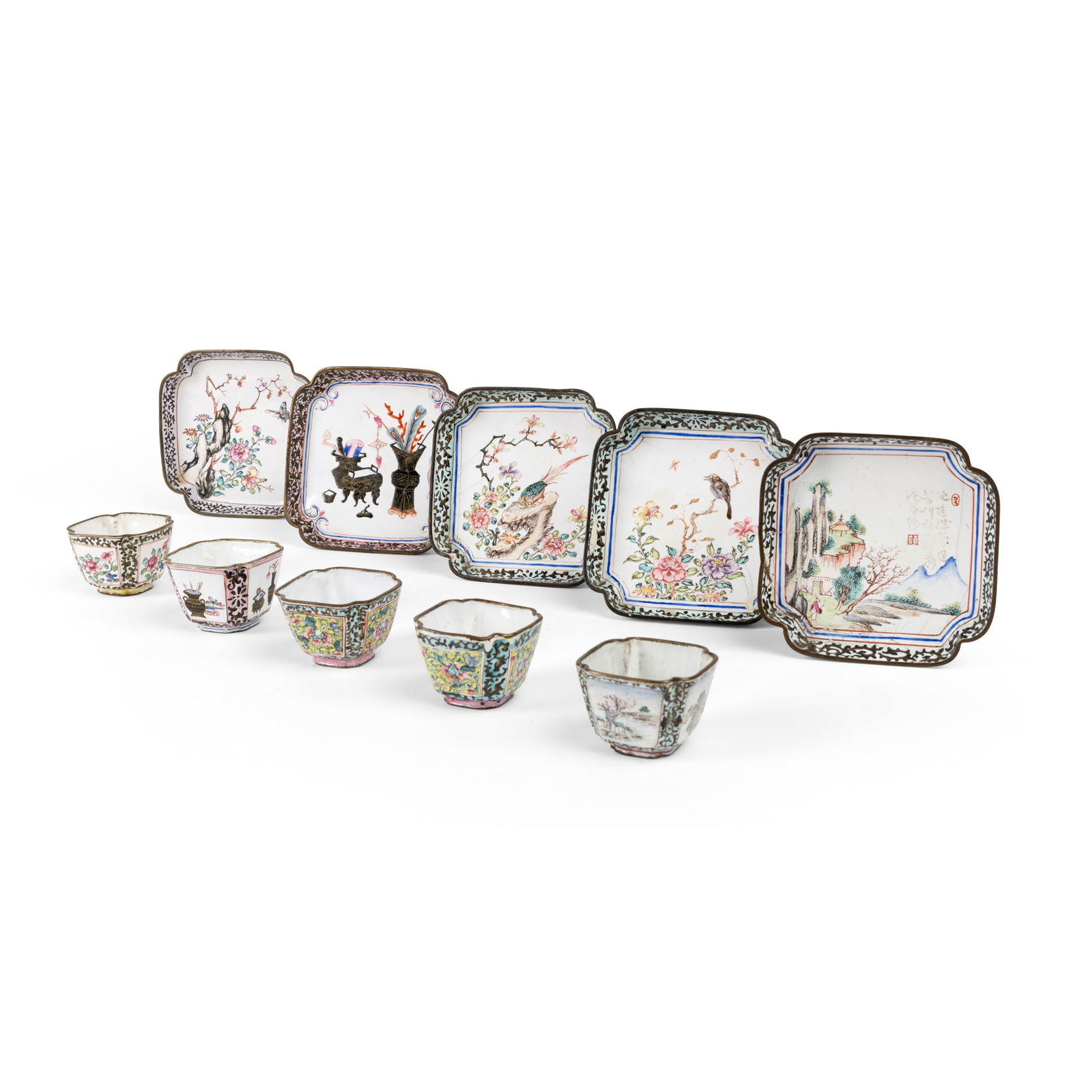 SET OF FIVE CANTON ENAMEL SQUARE TEA CUPS AND SAUCERS (1 of 2)