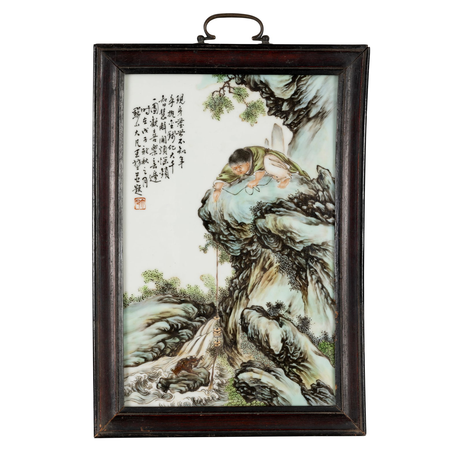 FAMILLE ROSE 'BOY AND TOAD' PORCELAIN PLAQUE: FAMILLE ROSE 'BOY AND TOAD' PORCELAIN PLAQUE WANG KUN MARK 王堃款 粉彩童子戲金蟾瓷板 木框painted with a boy crawling