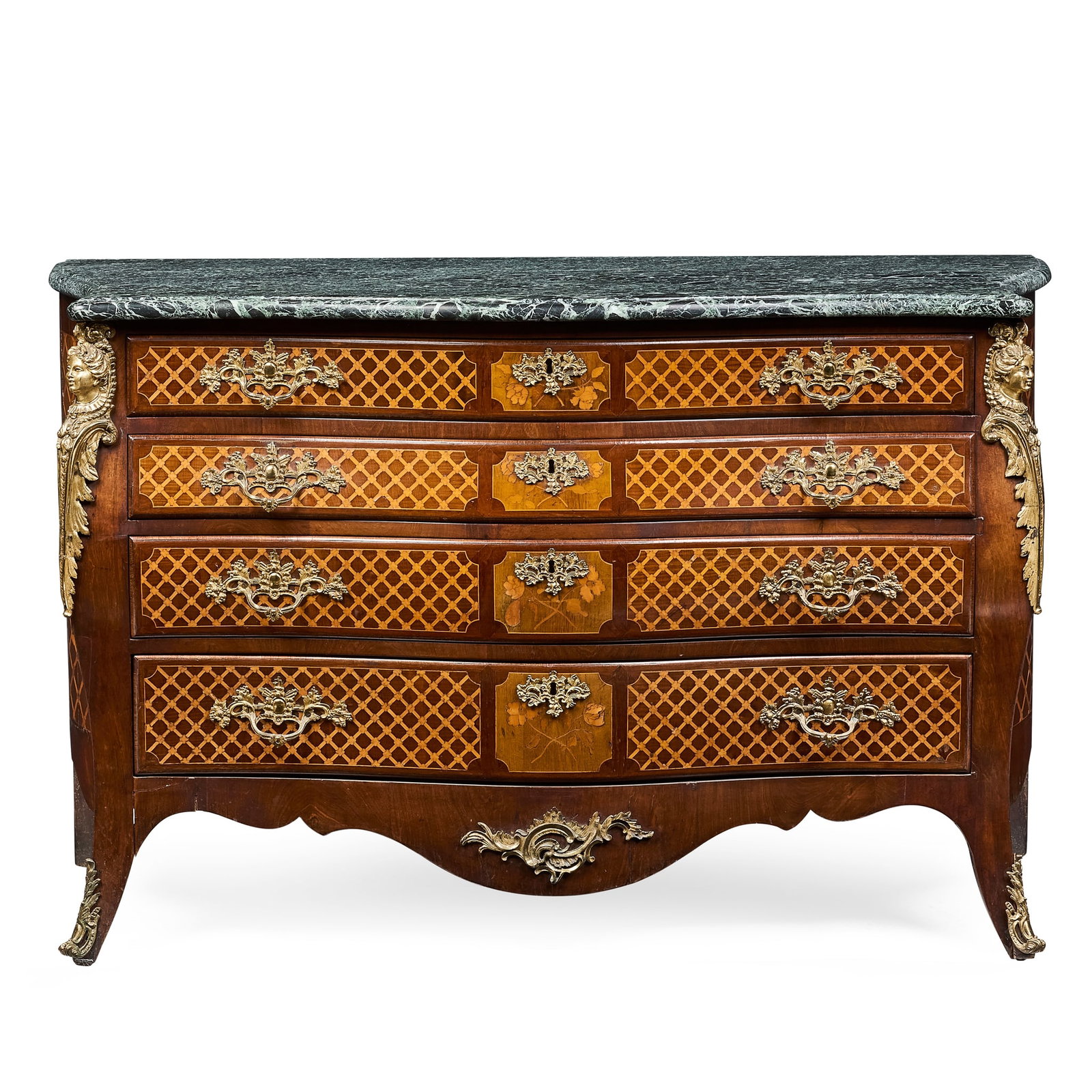 GEORGE III MAHOGANY AND HAREWOOD PARQUETRY AND MARQUETRY MARBLE TOPPED BOMBE COMMODE (1 of 2)