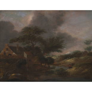 ATTRIBUTED TO KLAES MOLENAER: ATTRIBUTED TO KLAES MOLENAER A WOODED RIVER LANDSCAPE WITH COTTAGES Oil on panel 24cm x 33cm (9.5in x 13in) A. W. R. Baron Mackay of Blaricum, Holland (1907-1995) and thence by descent through the fam