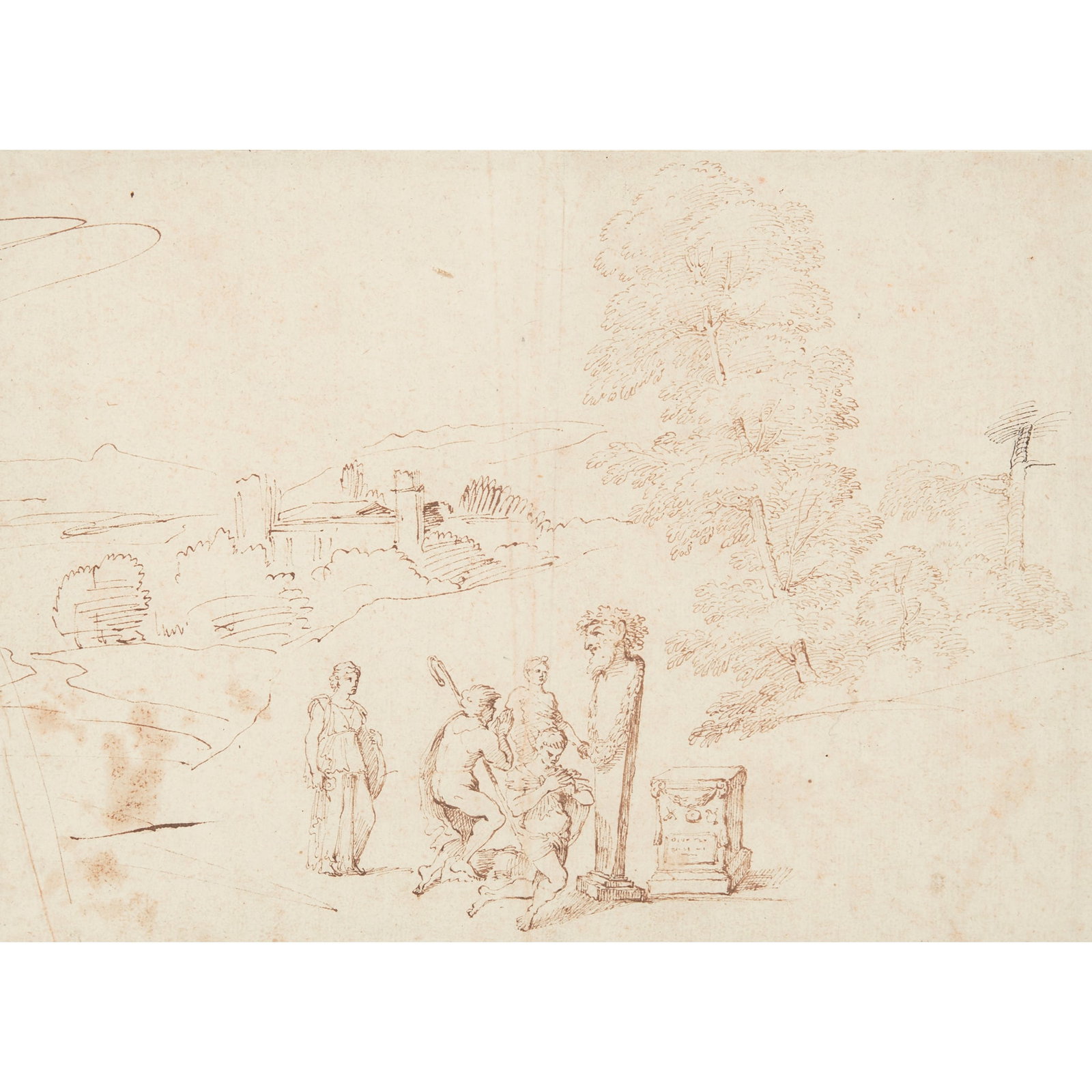 ATTRIBUTED TO FRANCESCO GRIMALDI: ATTRIBUTED TO FRANCESCO GRIMALDI FIGURES IN AN ARCADIAN LANDSCAPE Pen and ink on buff paper 23cm x 33cm (9in x 13in) P & D Colnaghi & Co. Ltd, London as Annibale Carracci