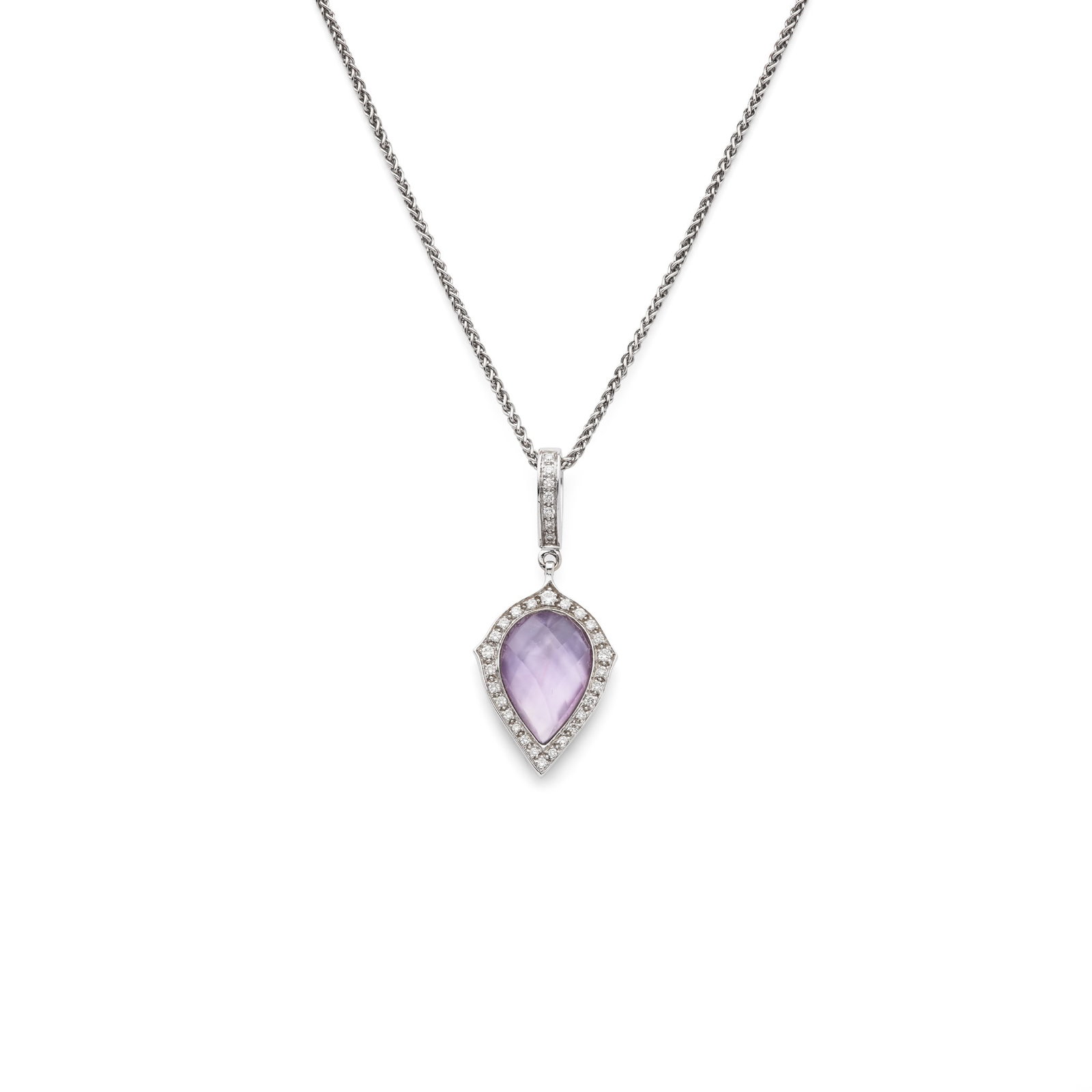 Stephen Webster: An 18ct gold 'Crystal Haze' pendant: Stephen Webster: An 18ct gold 'Crystal Haze' pendant Set with a pear-shaped mixed cut amethyst quartz, in shaped border of round brilliant-cut diamonds, engraved detail to reverse, diamond set bale, m