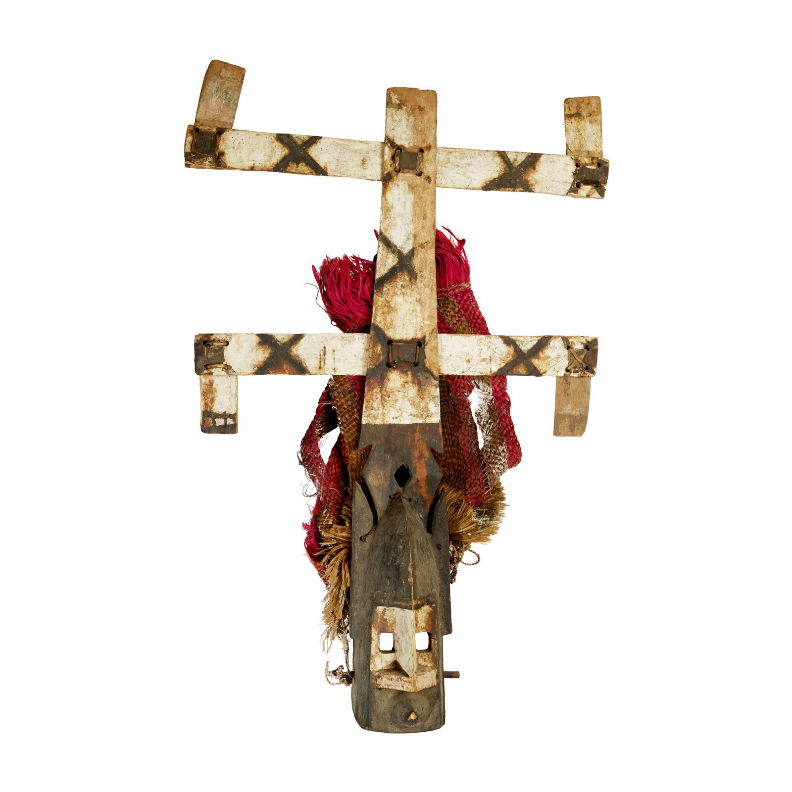 DOGON KANAGA MASK: DOGON KANAGA MASK MALI carved wood, the face mask with a wooden superstructure above in the form of a double barred cross with short vertical elements projecting from the tips of each horizontal bar,