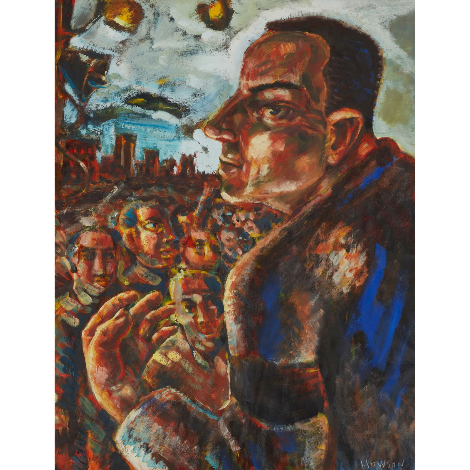 § PETER HOWSON O.B.E. (SCOTTISH 1958-): PETER HOWSON O.B.E. (SCOTTISH 1958-) THE UNIONIST - C.1983 Signed lower right, oil on paper laid on board 102cm x 78cm (40in x 30.75in) Exhibited: The Scottish Gallery, Edinburgh, c.1983
