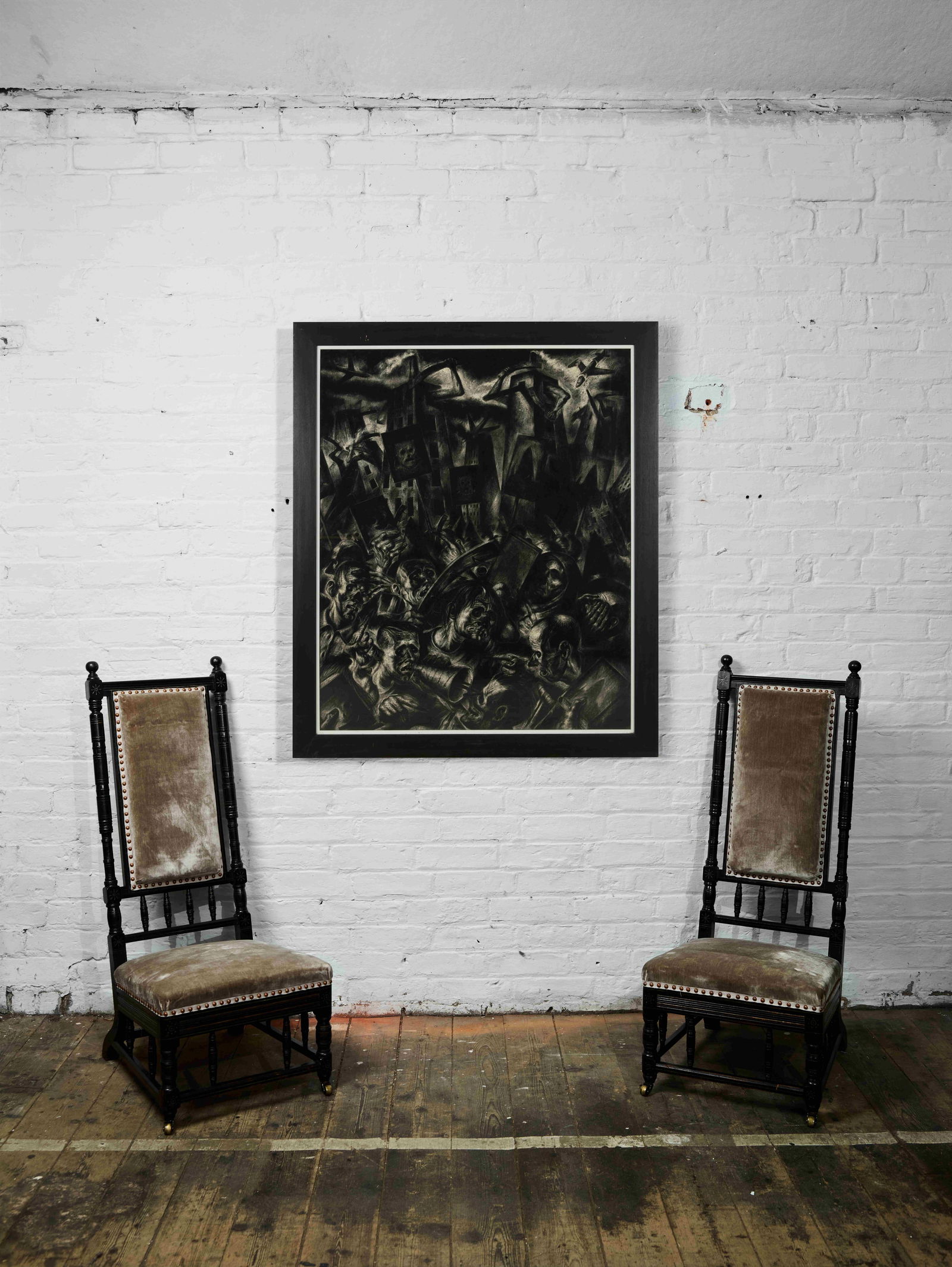 § KEN CURRIE (SCOTTISH 1960-): KEN CURRIE (SCOTTISH 1960-) THE EMBATTLED CITY - 1984 Signed and inscribed with title and dated 1984 verso, conte and charcoal on paper 114cm x 93cm (44.75in x 36.5in) Flowers East, London, 1989; Priv