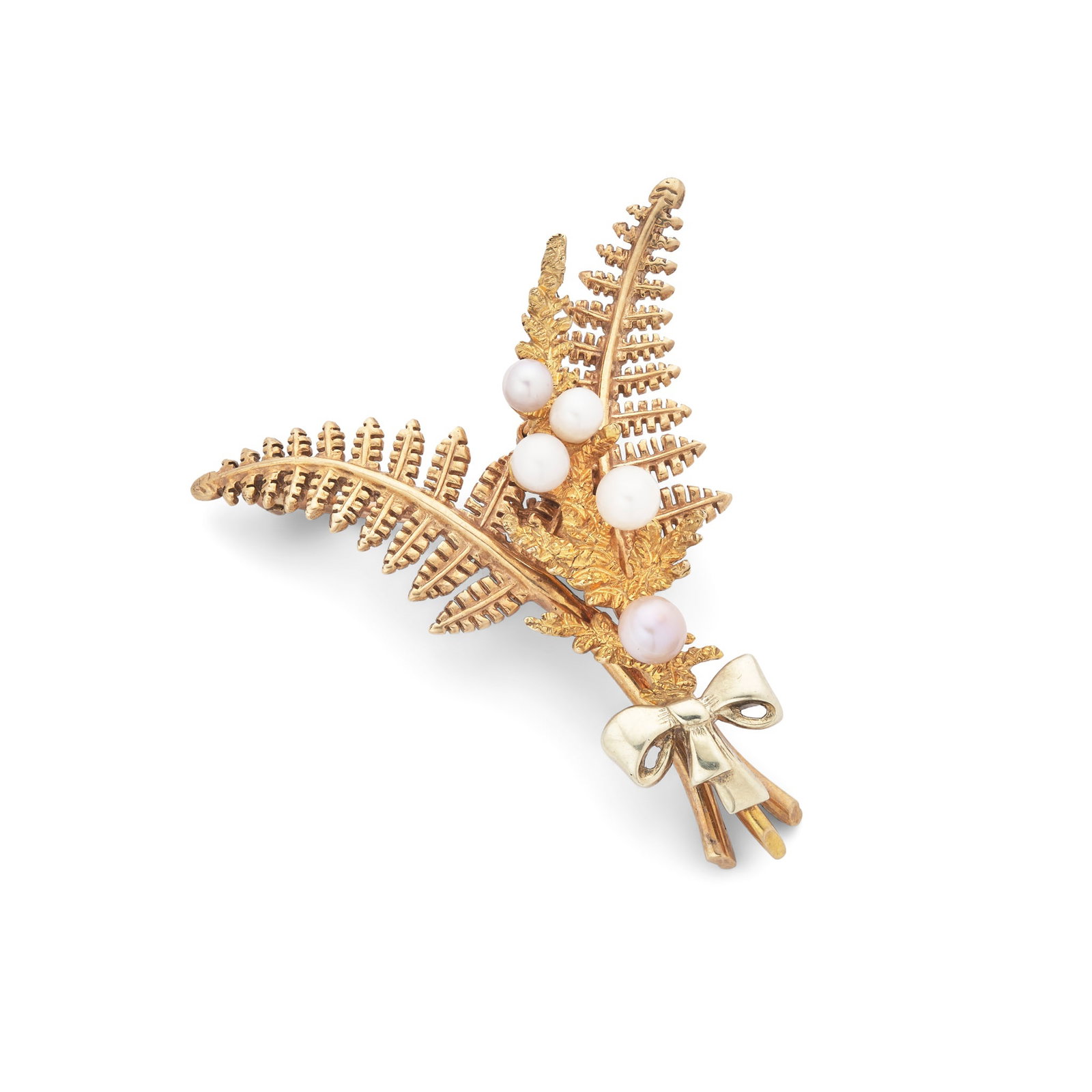 † A 9ct yellow gold Scottish freshwater pearl brooch: A 9ct yellow gold Scottish freshwater pearl brooch modelled as a fern, set with five graduated Scottish freshwater pearls, UK hallmarks Length: 4.5cm This lot has been granted a license from NatureSco
