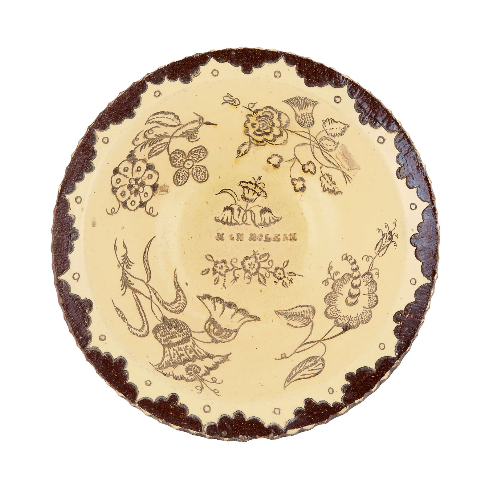 SCOTTISH POTTERY MARRIAGE BOWL: SCOTTISH POTTERY MARRIAGE BOWL ABERDEEN, LATE 19TH CENTURY the redware body with slip cut and sgraffito decoration in the form of flowers including roses, thistles and shamrocks, impressed to the cent