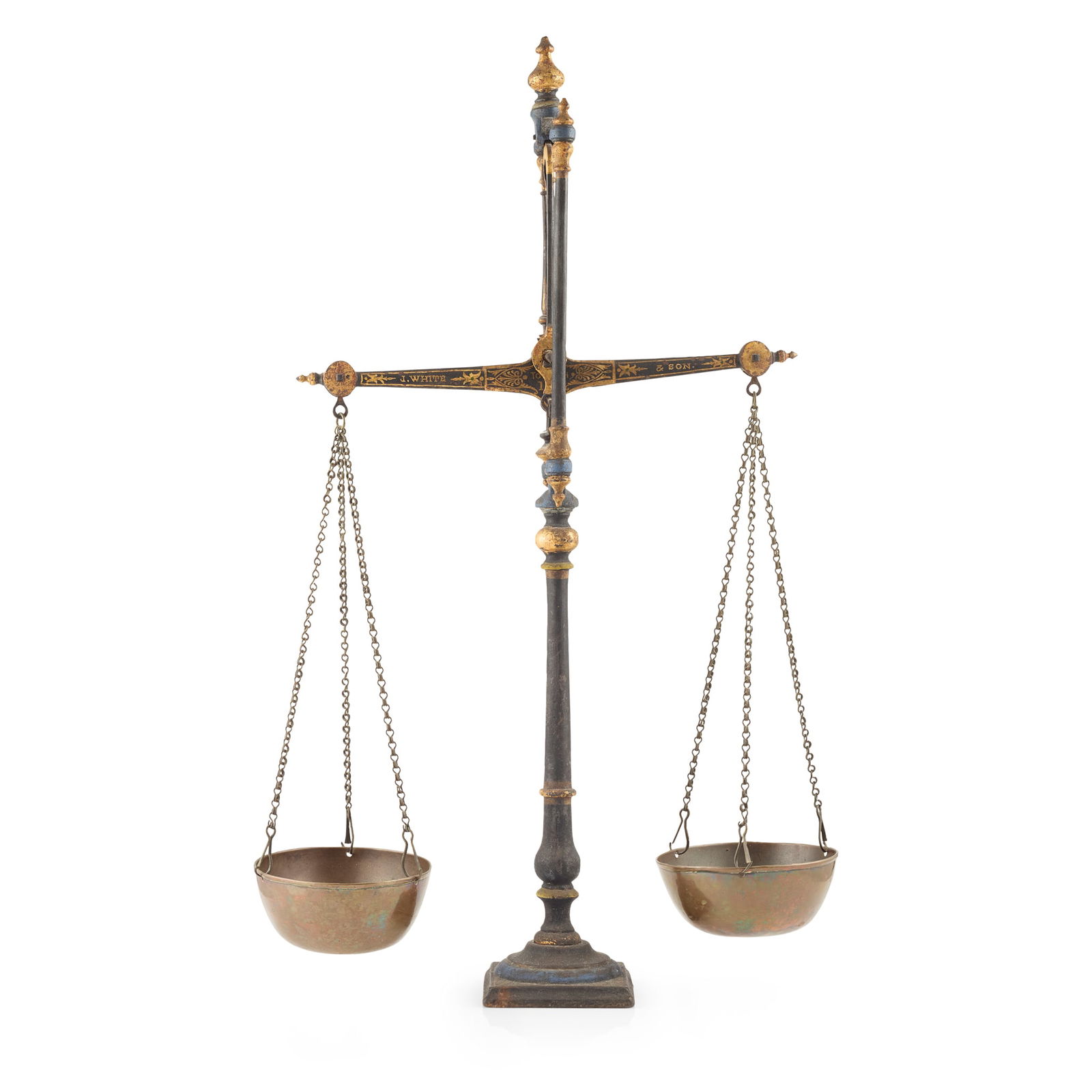 PAIR OF SCOTTISH CAST IRON TOLEWARE WEIGHING SCALES, JOHN WHITE & SON, AUCHTERMUCHTY: PAIR OF SCOTTISH CAST IRON TOLEWARE WEIGHING SCALES, JOHN WHITE & SON, AUCHTERMUCHTY LATE 19TH CENTURY the frame and balance with black, blue and gilt painted surface, the balance beam with painted si