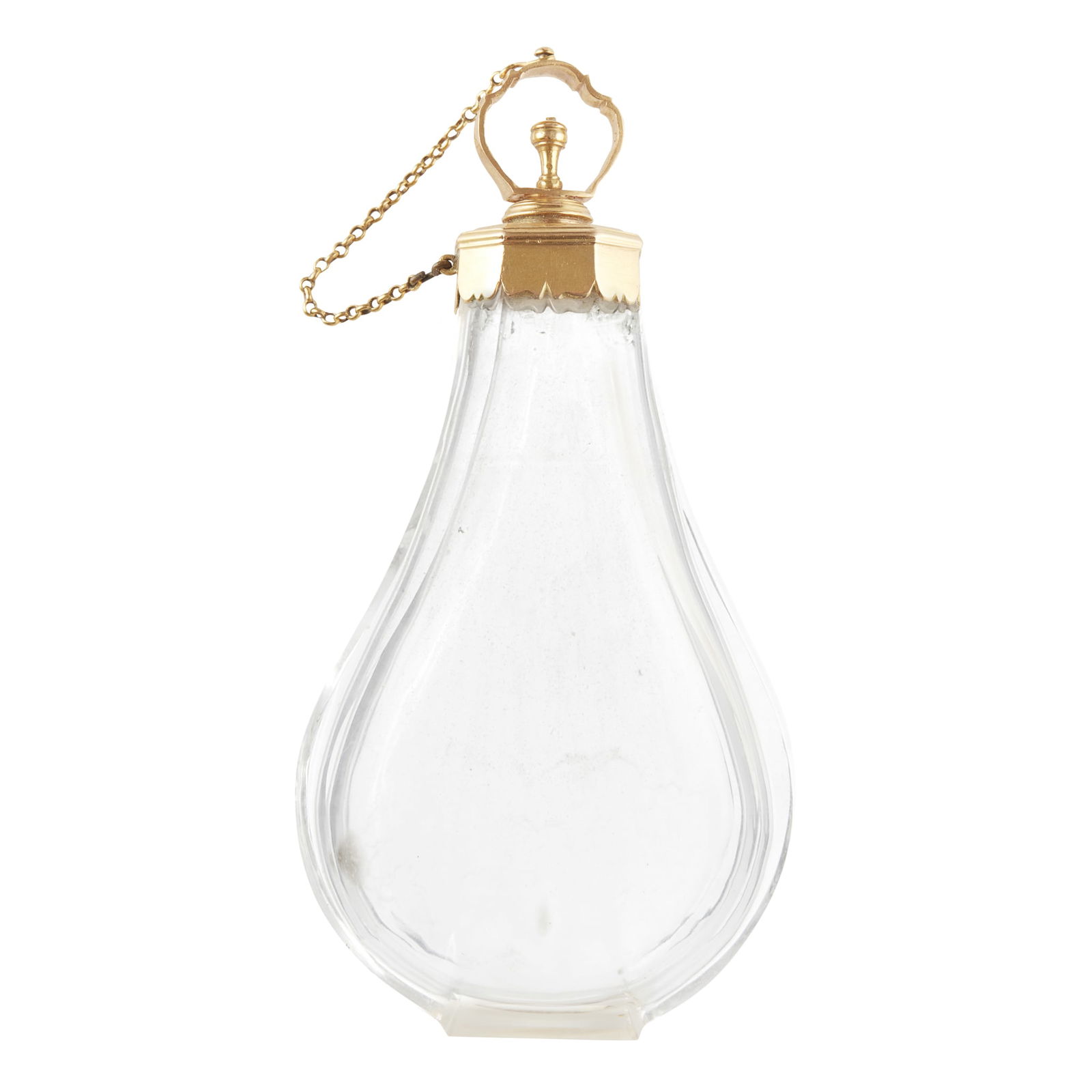 PRINCE HENRY BENEDICT, CARDINAL DUKE OF YORK’S FRENCH GOLD-MOUNTED GLASS SCENT FLASK: PRINCE HENRY BENEDICT, CARDINAL DUKE OF YORK’S FRENCH GOLD-MOUNTED GLASS SCENT FLASK CIRCA 1750 The panelled glass body of flattened pear-shape, scalloped gold rim mount with moulded border, the