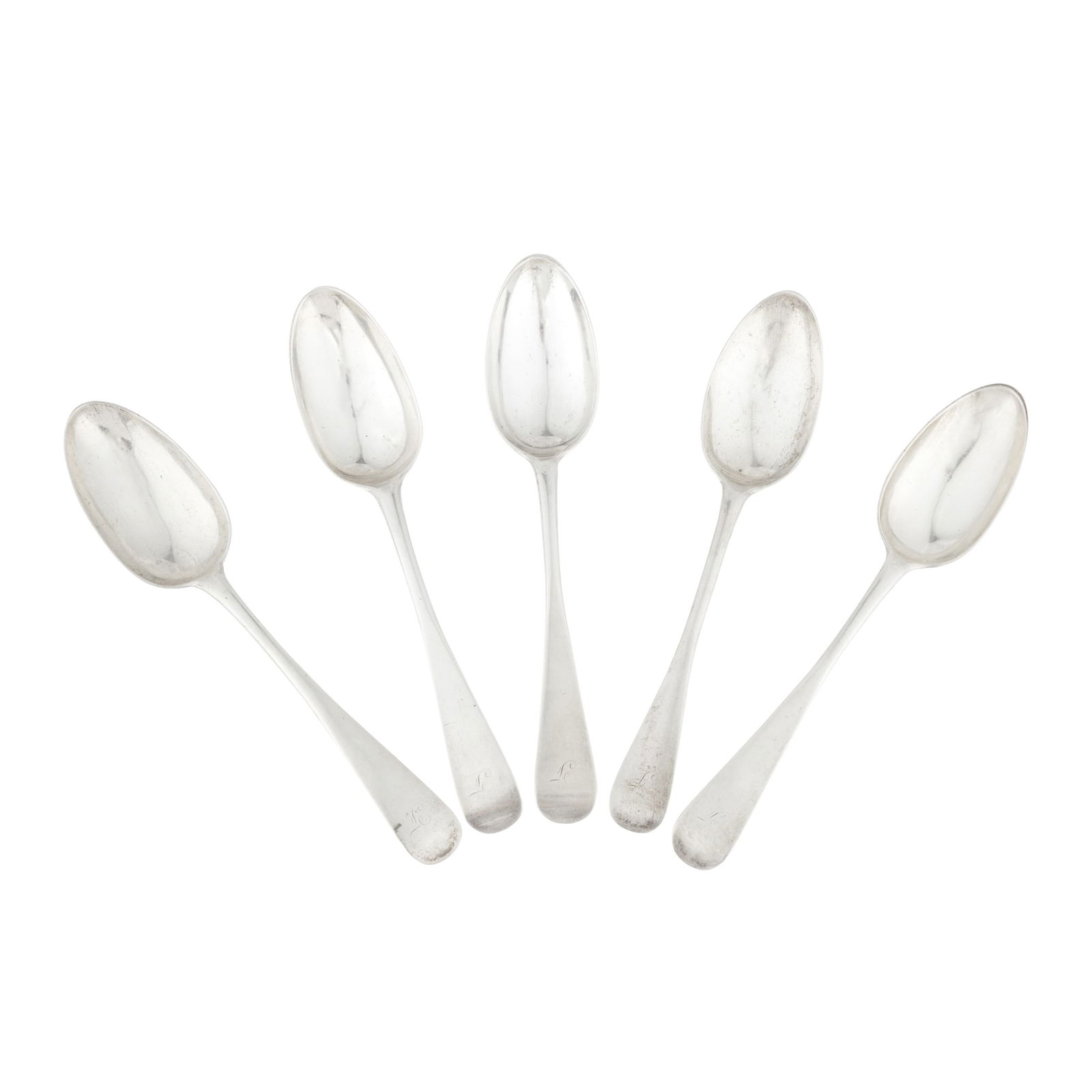GLASGOW - A MATCHED SET OF FIVE TABLESPOONS: GLASGOW - A MATCHED SET OF FIVE TABLESPOONS VARIOUS MAKERS one by Taylor & Hamilton; one by Milne & Campbell, two by Adam Graham, one by unidentified maker CM, all of Old English pattern, engraved ita